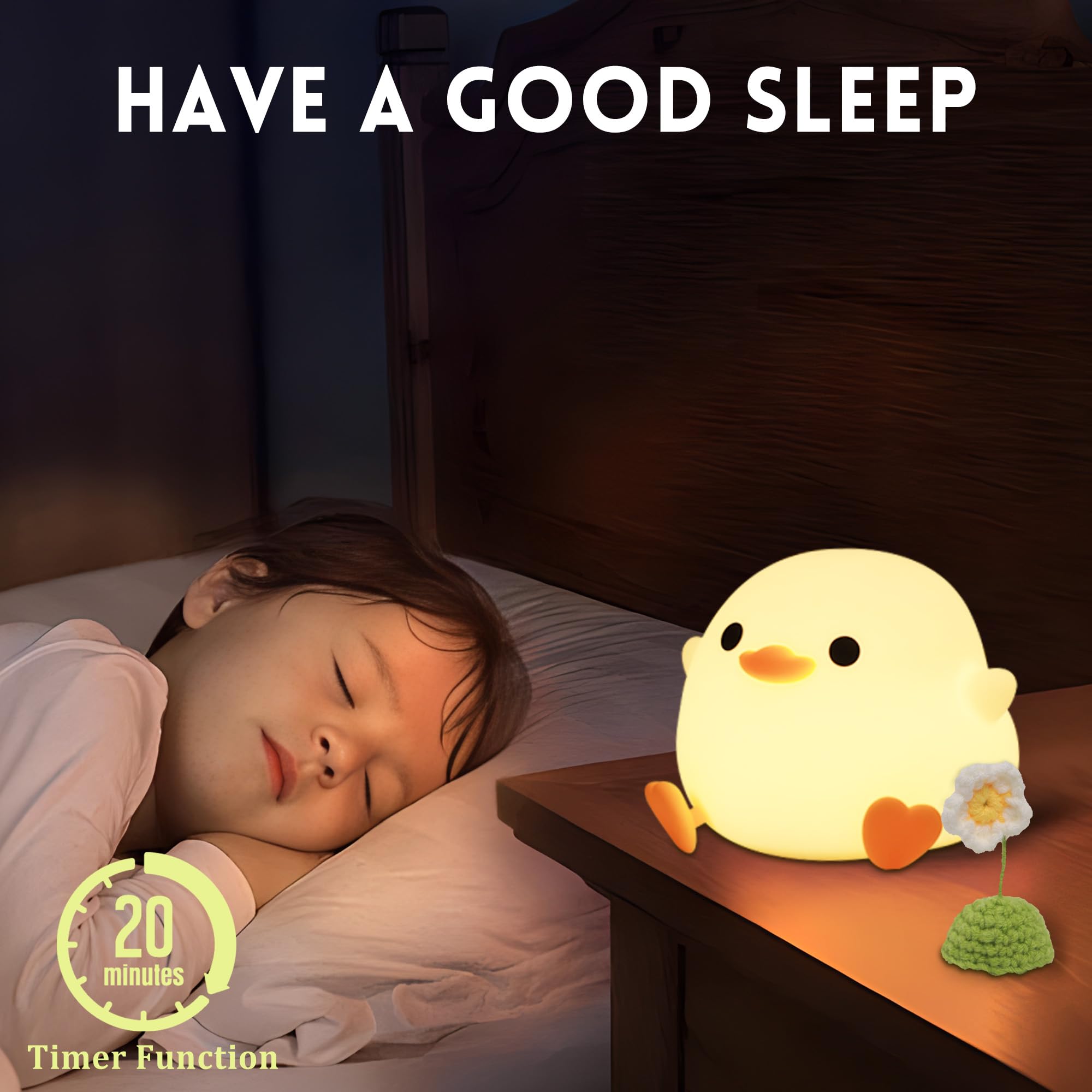 Okayera Dodo Duck Night Light, Cute Flower Duck, Dodo Duck Nursery Night Light, Portable Usb Rechargeable Timer Dimmable, Silico