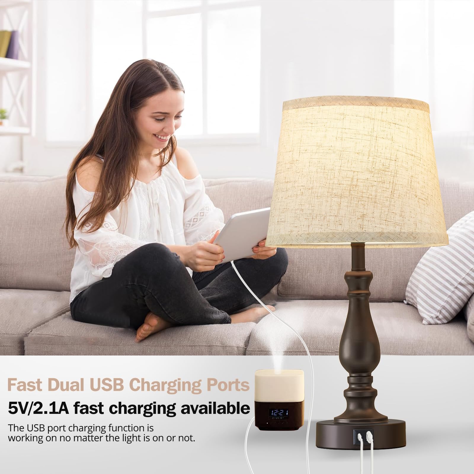 EJIAXIN Touch Table Lamps Set of 2 - 3 Way Dimmable with USB C+A Ports - Beige Shade and Brown Base - Model 98008H