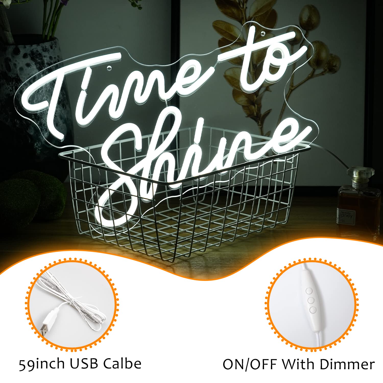 LISIGNVE Neon Sign - Time To Shine LED Wall Decor, Dimmable, USB Powered, White, 16.5in x10.2in