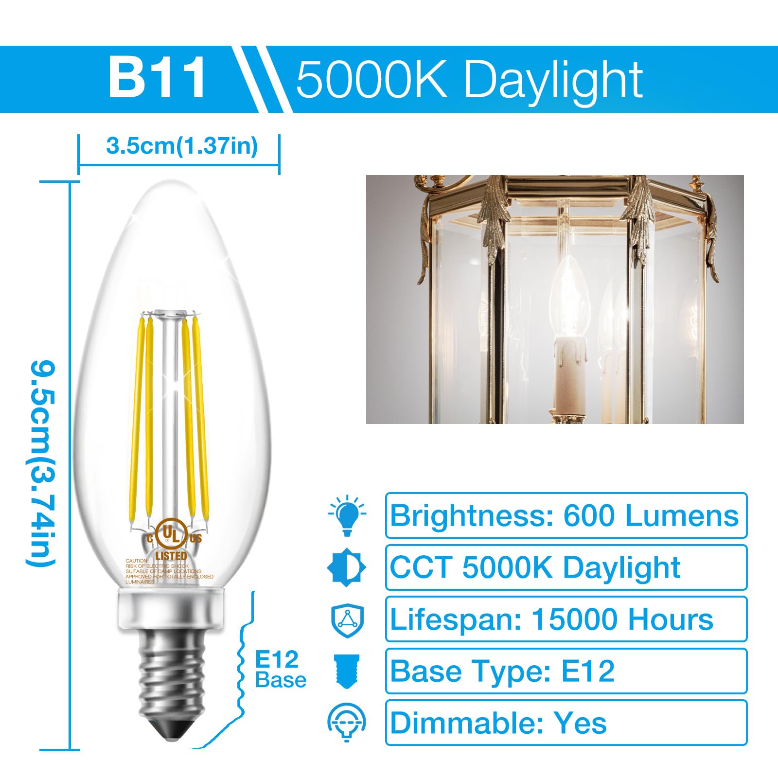 Daybetter B11 Chandelier Light Bulbs, Dimmable E12 Led Bulbs 60W Equivalent, Candelabra Led Light Bulbs, High Brightness 600 Lm