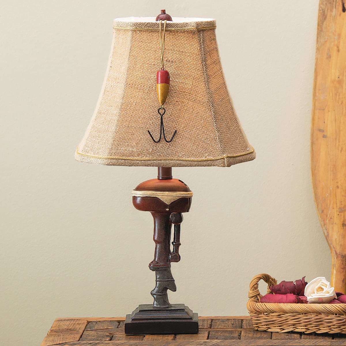 Black Forest Decor Outboard Accent Table Lamp - Rustic Boat Motor Fishing Lamp With Linen Shade - 11'' W X 8.2'' D X 20'' H