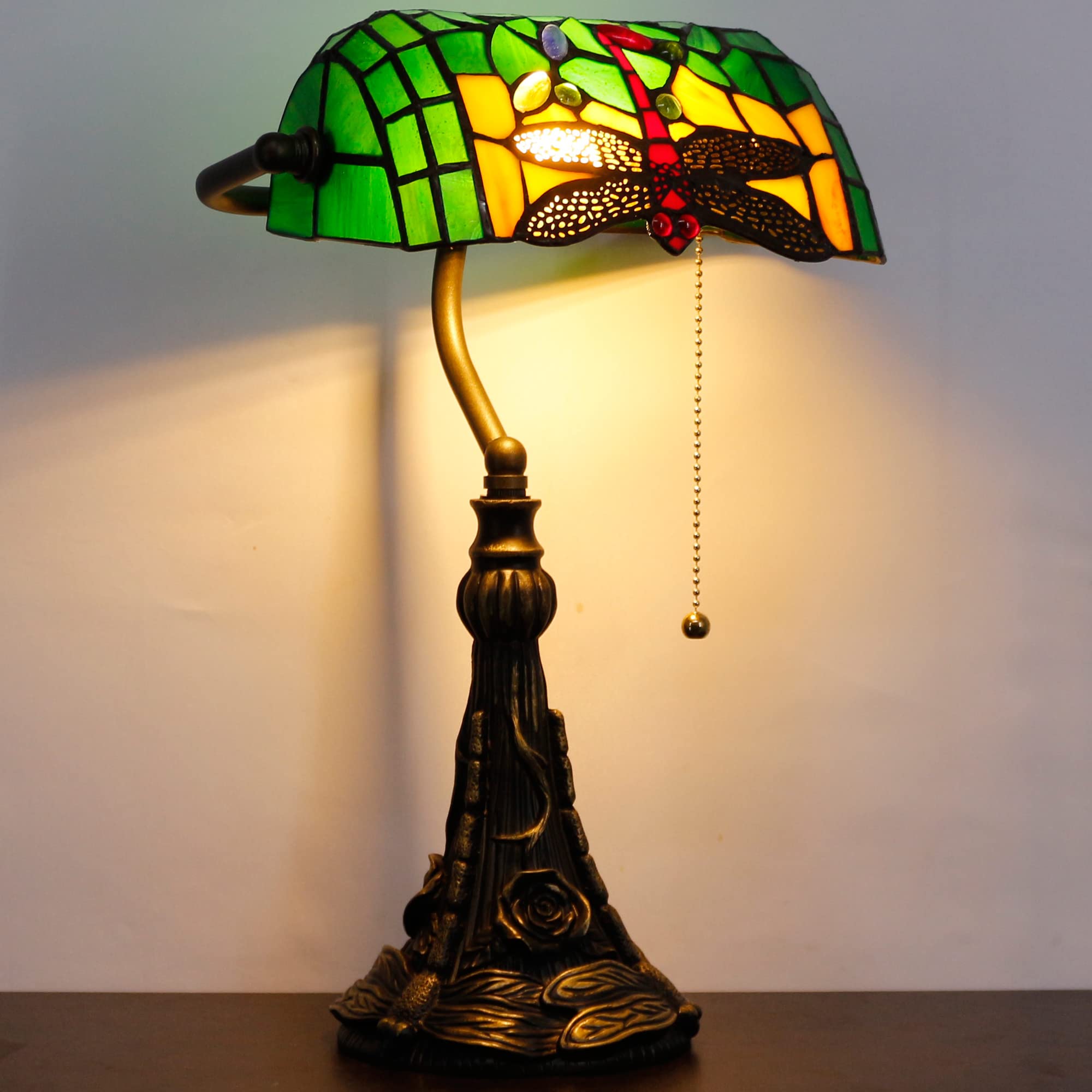 SYETL Tiffany Small Stained Glass Banker Lamp, Green Dragonfly Style, Adjustable Angle, 10.6x15.7 Inch for Home Office & Living Room