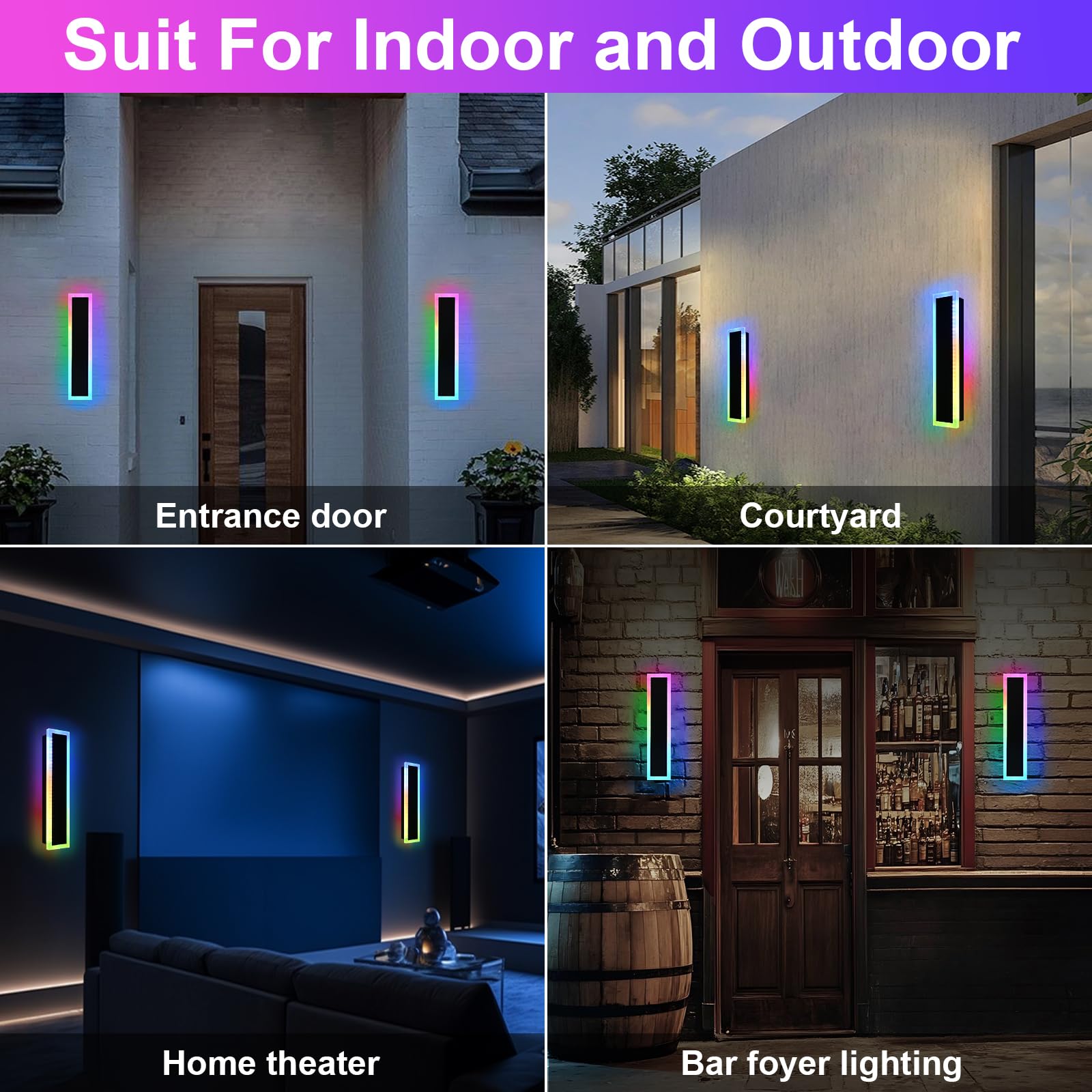 QueeuQ RGB LED Outdoor Wall Lights, 24" Dimmable Metal Fixture, 2 Pack, Modern Design for Patio, Porch, Garage