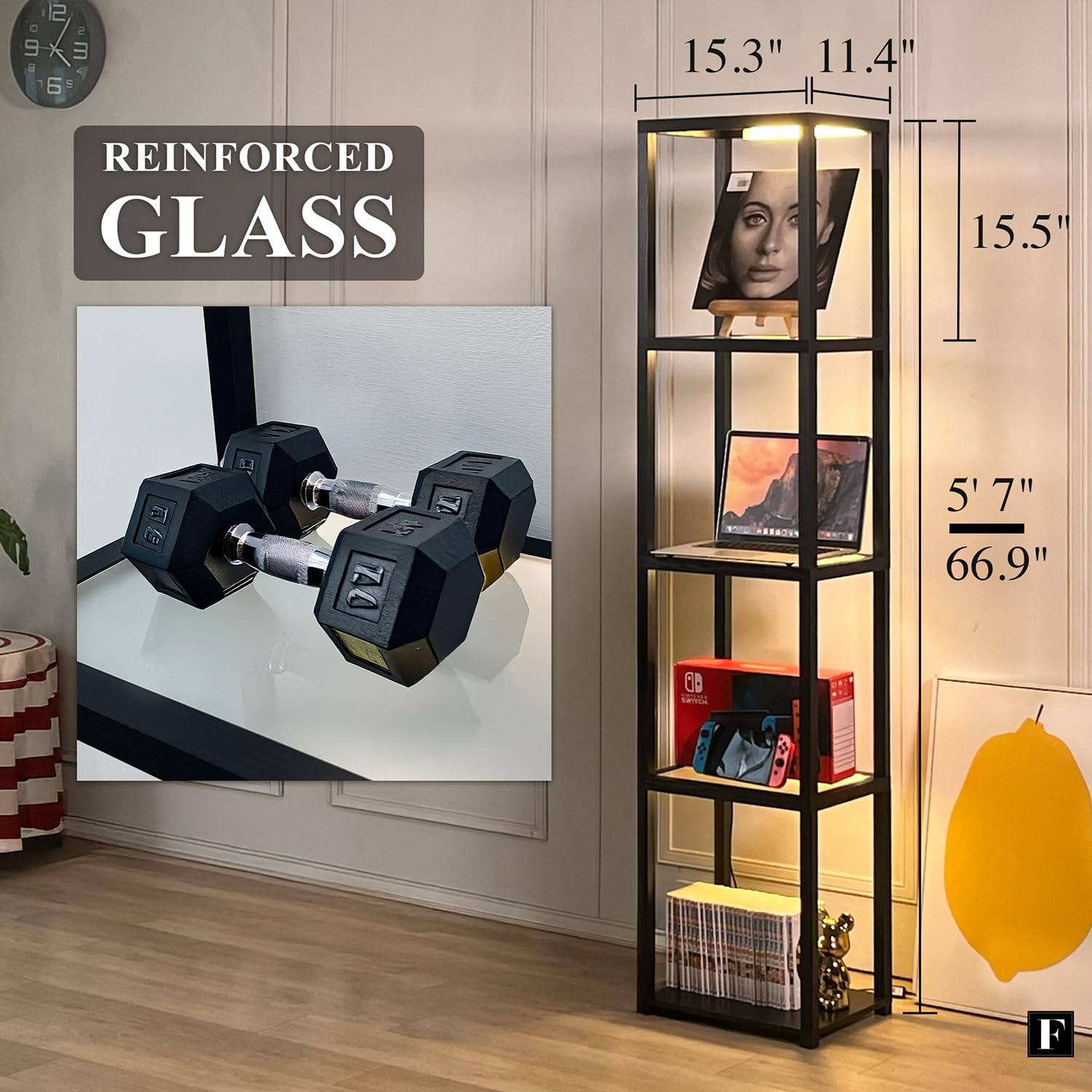 FENLO LED Glass Display Cabinet, Dimmable Light, Black, Model FEN-109-CCT-BK, Curio Shelf Lamp for Bedroom, Living Room, or Office