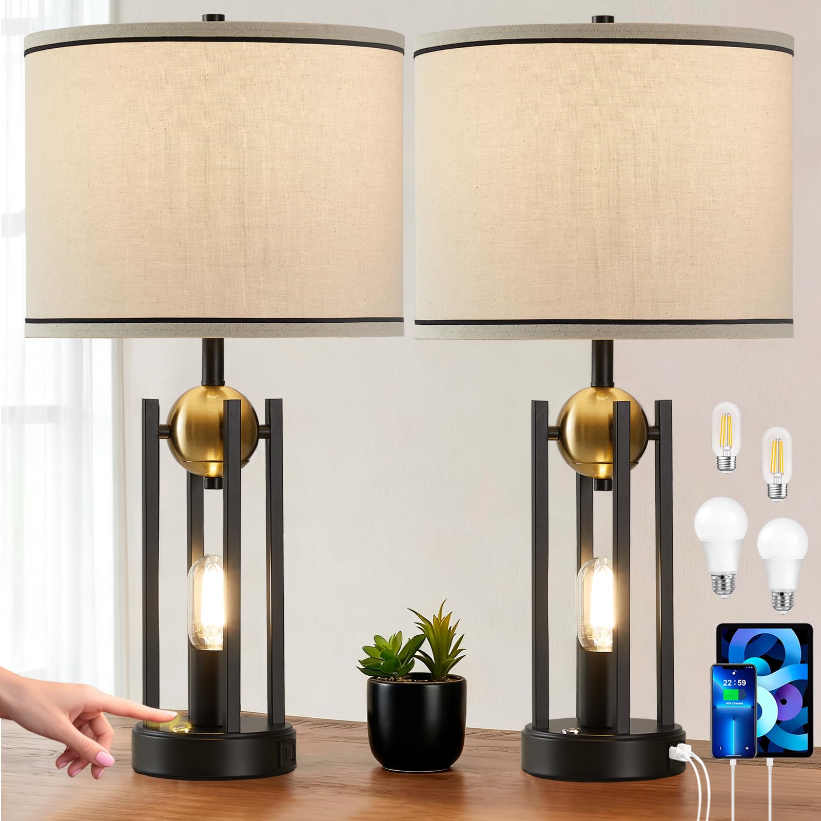 Leasgy 25 Farmhouse Table Lamps for Living Room Set of 2 with USB C+A Ports, Vintage Bedside Lamp for Bedroom, Touch Lamps for
