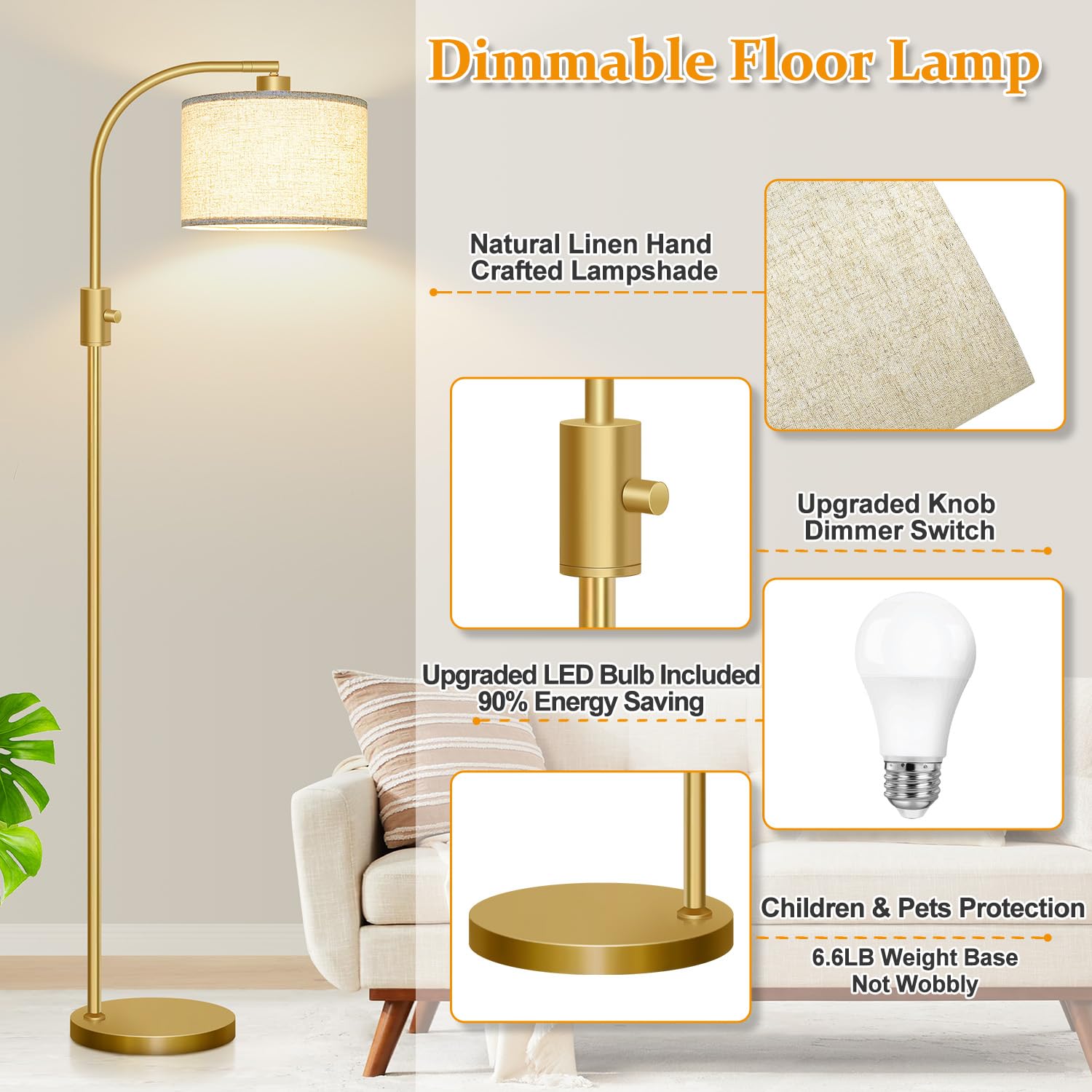 ?Upgraded? Dimmable Gold Floor Lamp, 1200 Lumens Led Bulb Included, Arc Floor Lamps For Living Room Modern Standing Lamp With Li