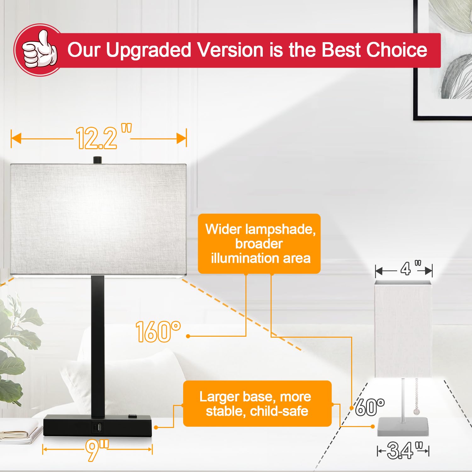 Lynnoland 21&quot; Touch Control Table Lamps, 3-Way Dimmable, Usb/Ac Outlets, Gray Shade,