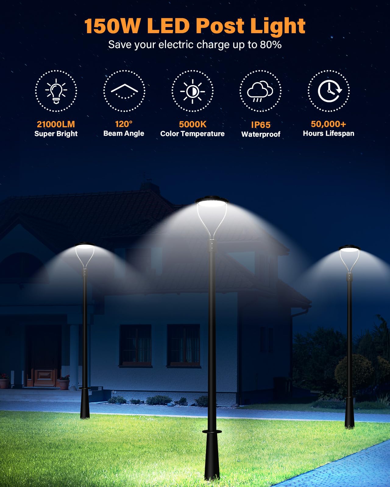 Flakeeper 150W LED Post Top Light, 21000Lm 5000K Outdoor Black Area Light for Garden, Yard, and Parking Lot Lighting