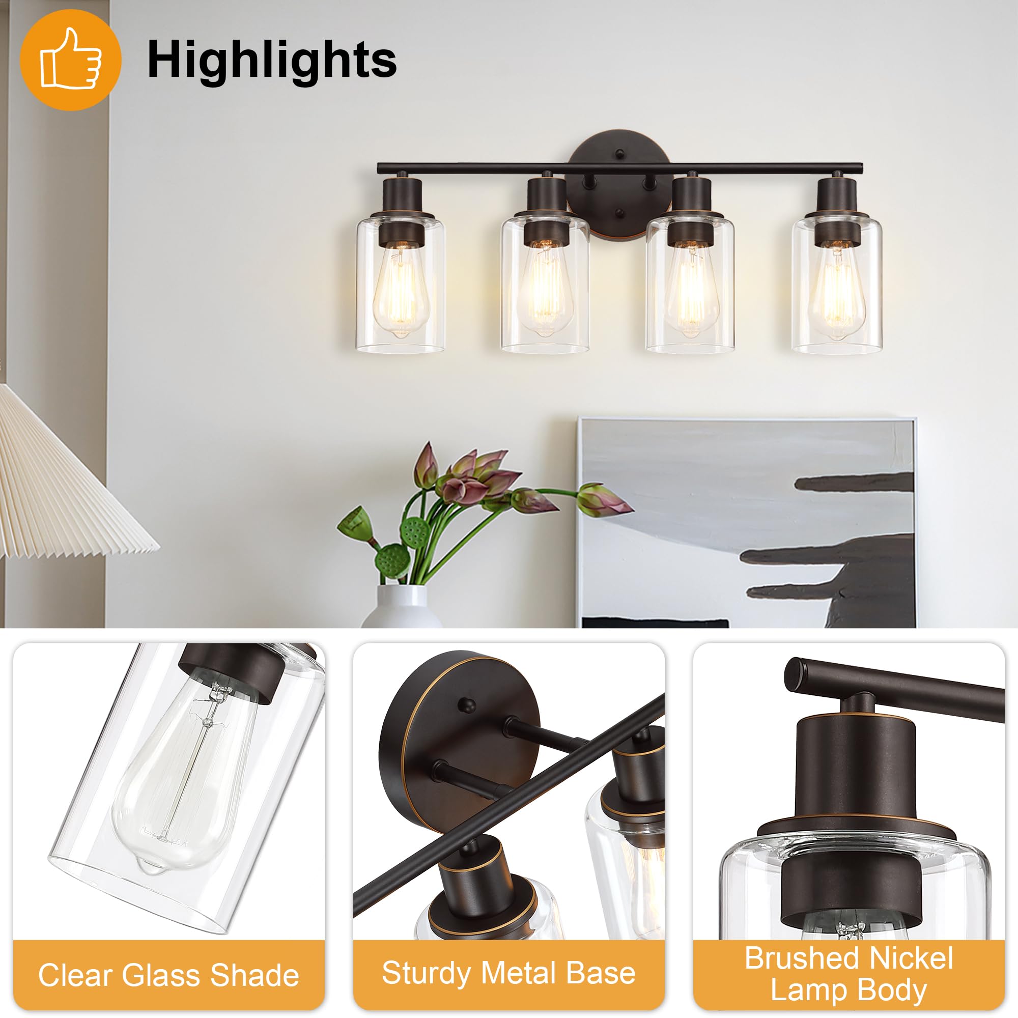 Pia Ricco Bathroom Vanity Light Fixtures, 4-Light Bathroom Wall Lights with Clear Glass Shades, Oil Rubbed Bronze Modern Wall Sc
