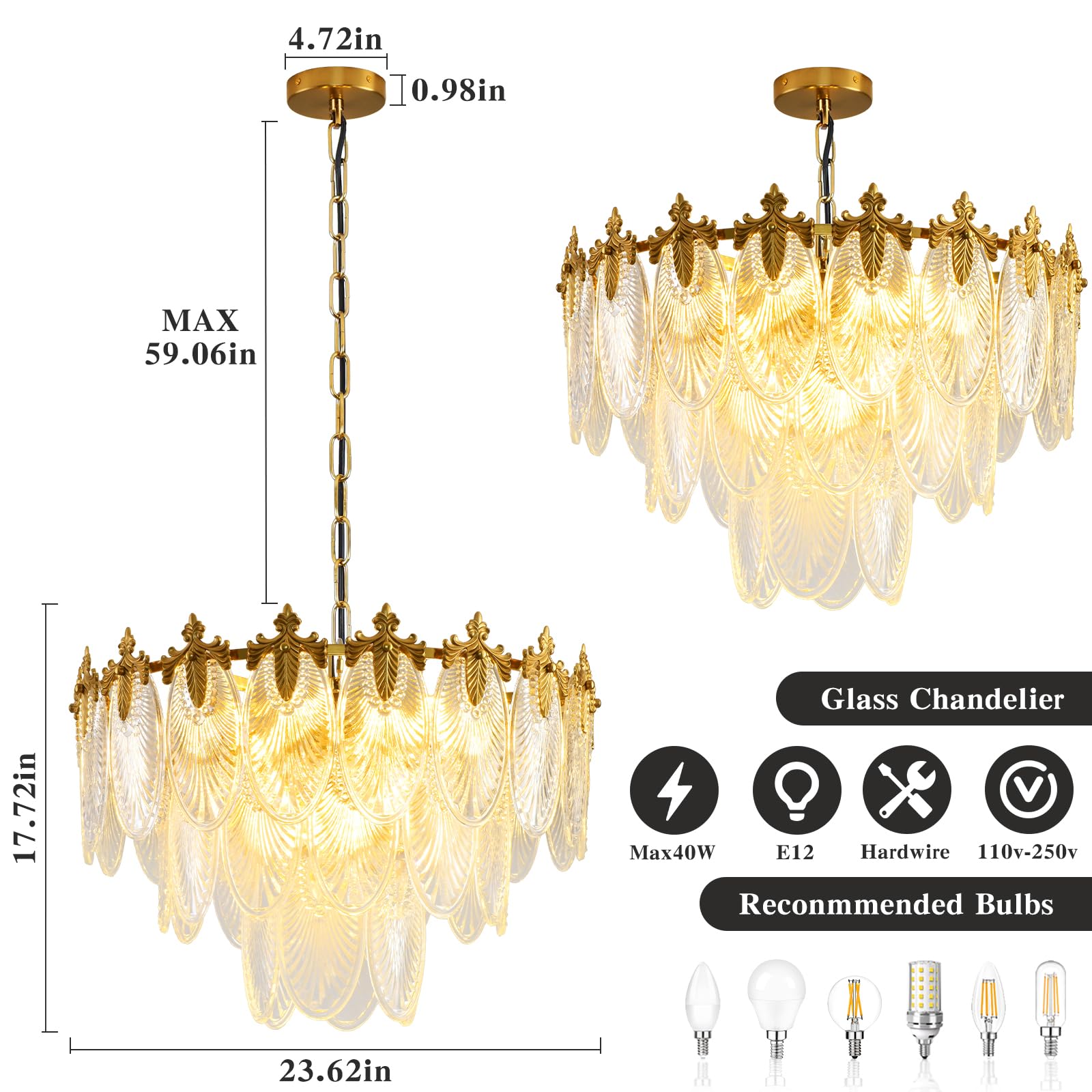 Antique Chandelier 3-Layer Crystal Glass Chandeliers, 9-Lights Round Pendant Light 23.6'' Brushed Brass Gold Adjustable Height,