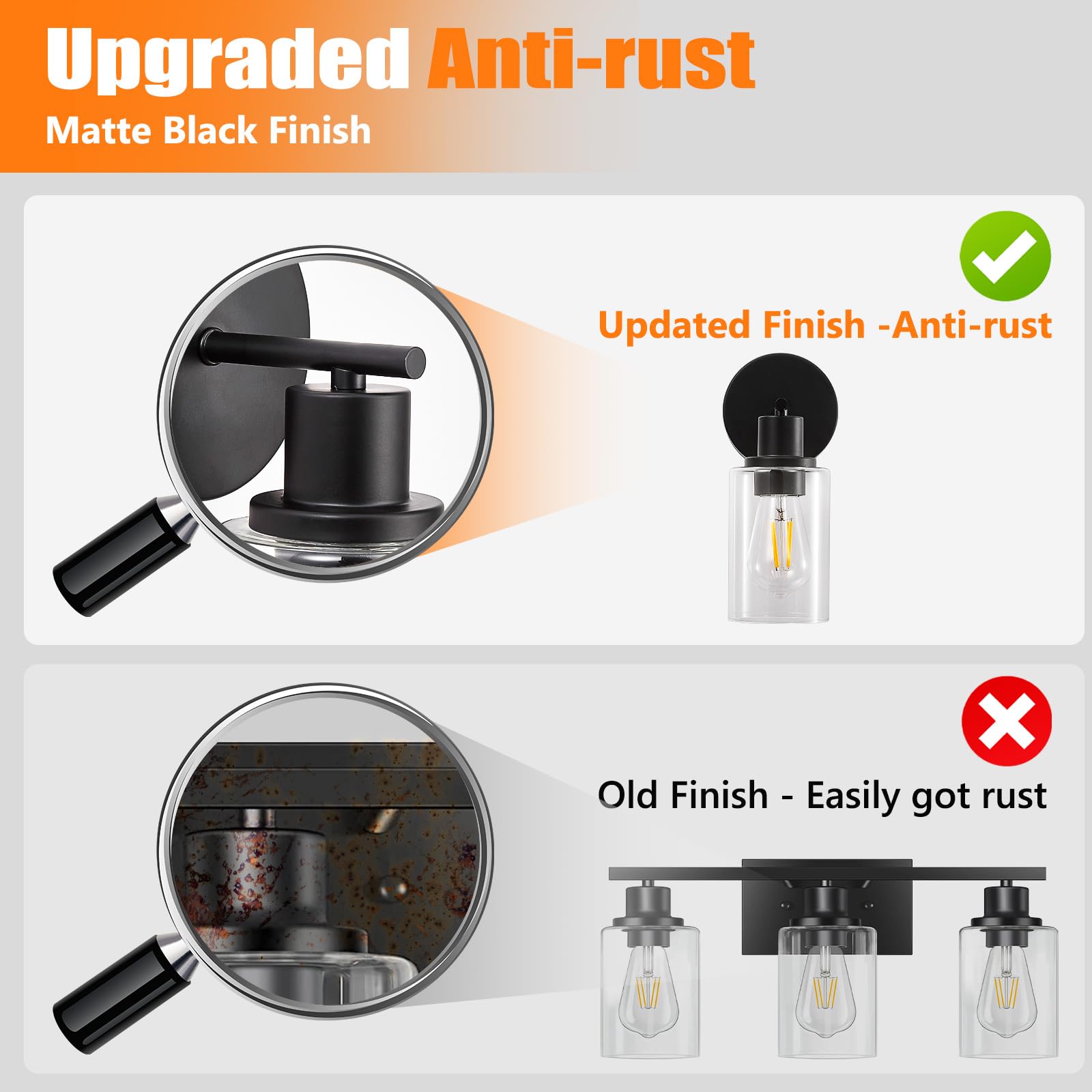 DINGLILIGHTING Wall Sconces - Modern Matte Black Bathroom Vanity Lights, Clear Glass Shade, 1-Light, 2 Packs