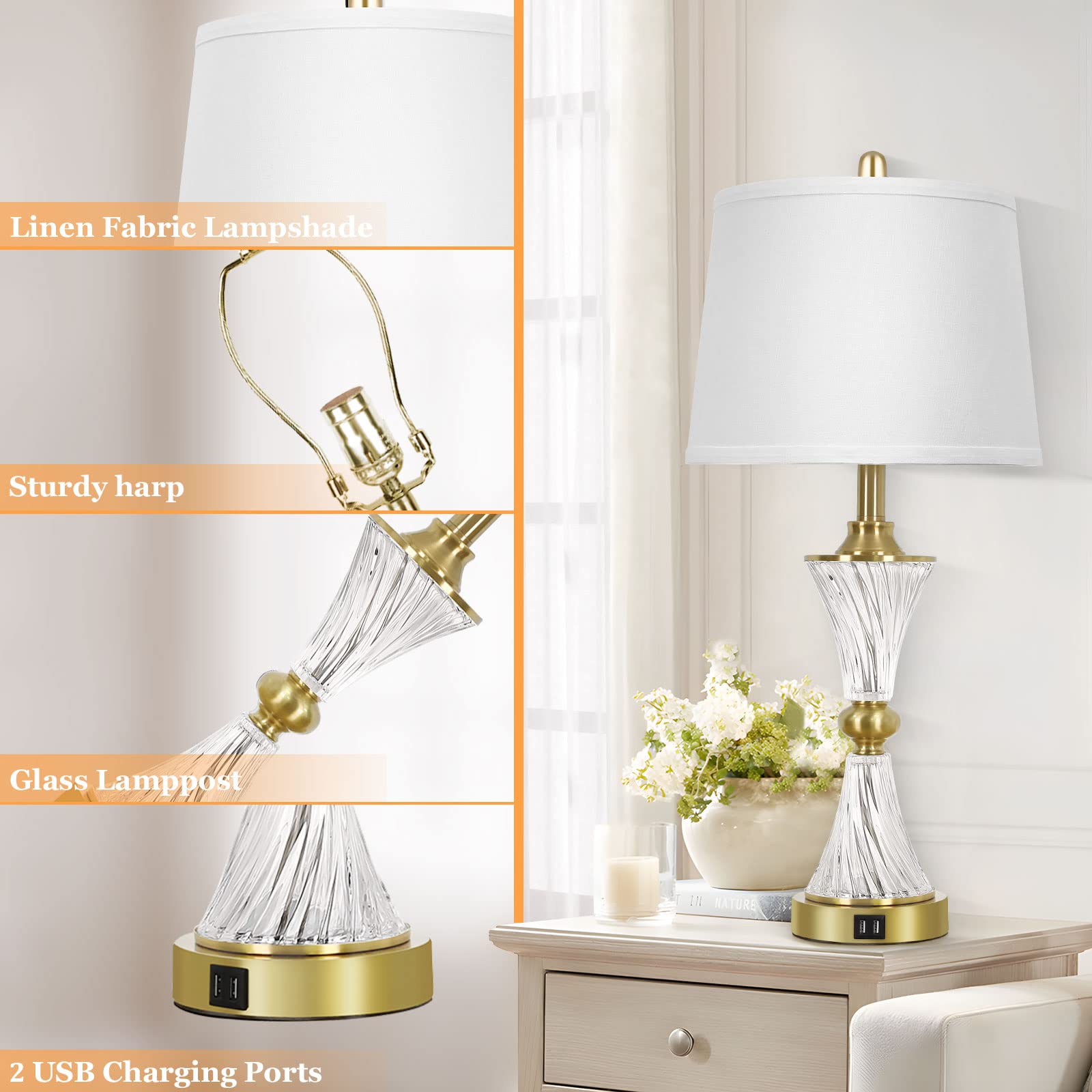 Verron Touch Control Dimmable Gold Crystal Table Lamps, Usb Ports, Set Of 2, White Shade