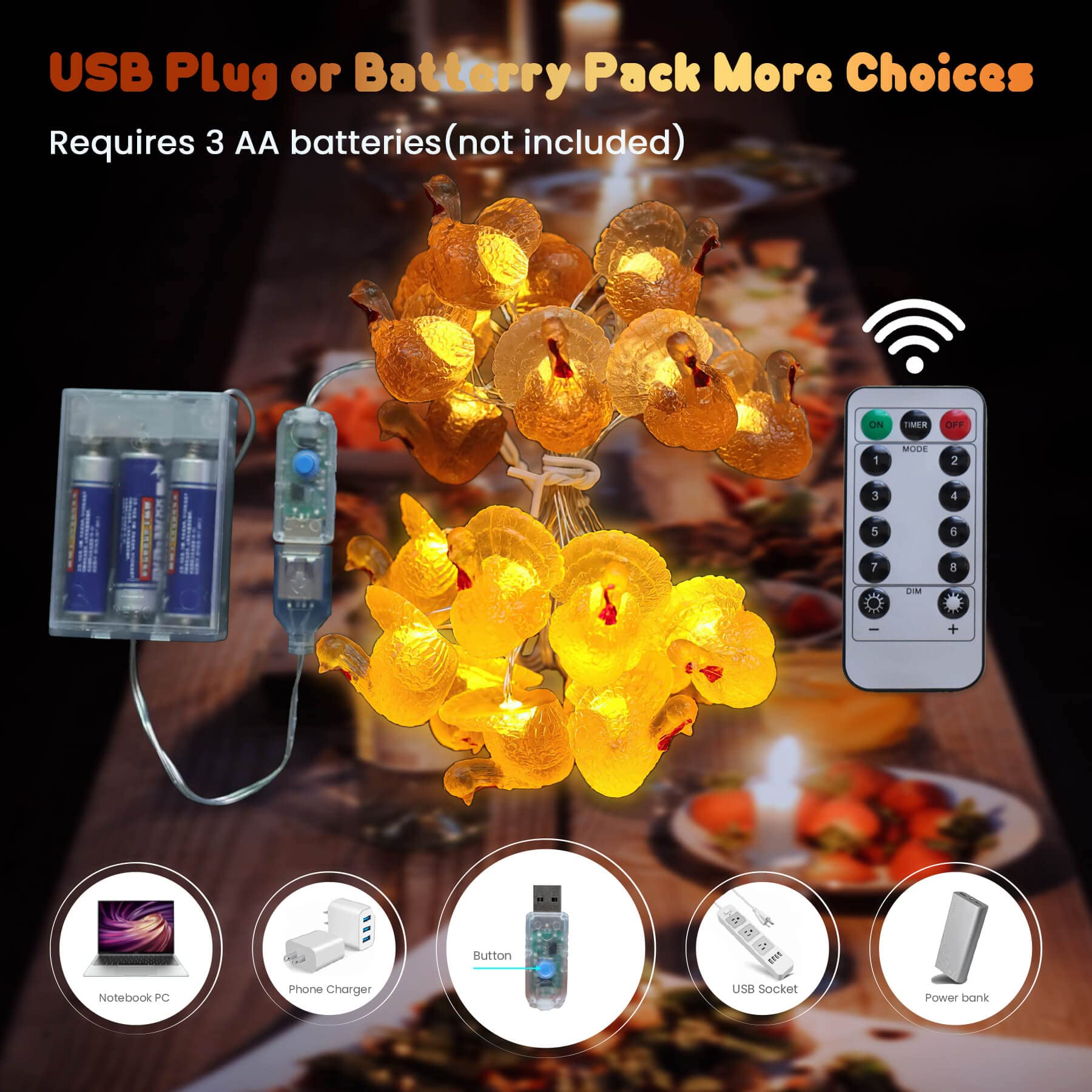 Decorative Fairy Mini Turkey String Lights Autumn Garland Cute Novelty Fall Lights 20 Leds 8Ft Usb Or Battery Operated For Thanksgiving Centerpiece Decoration Bedroom Wedding Birthday Harvest Decor