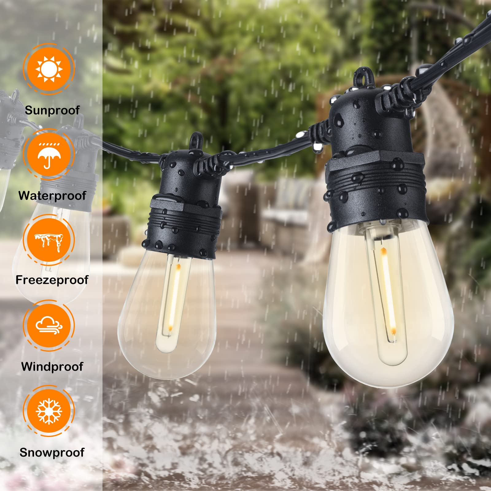 DGE Outdoor LED String Lights 96FT, Shatterproof & Waterproof, 18 AWG UL Listed, White, Model DGE-96-UL-STRINGLIGHTS