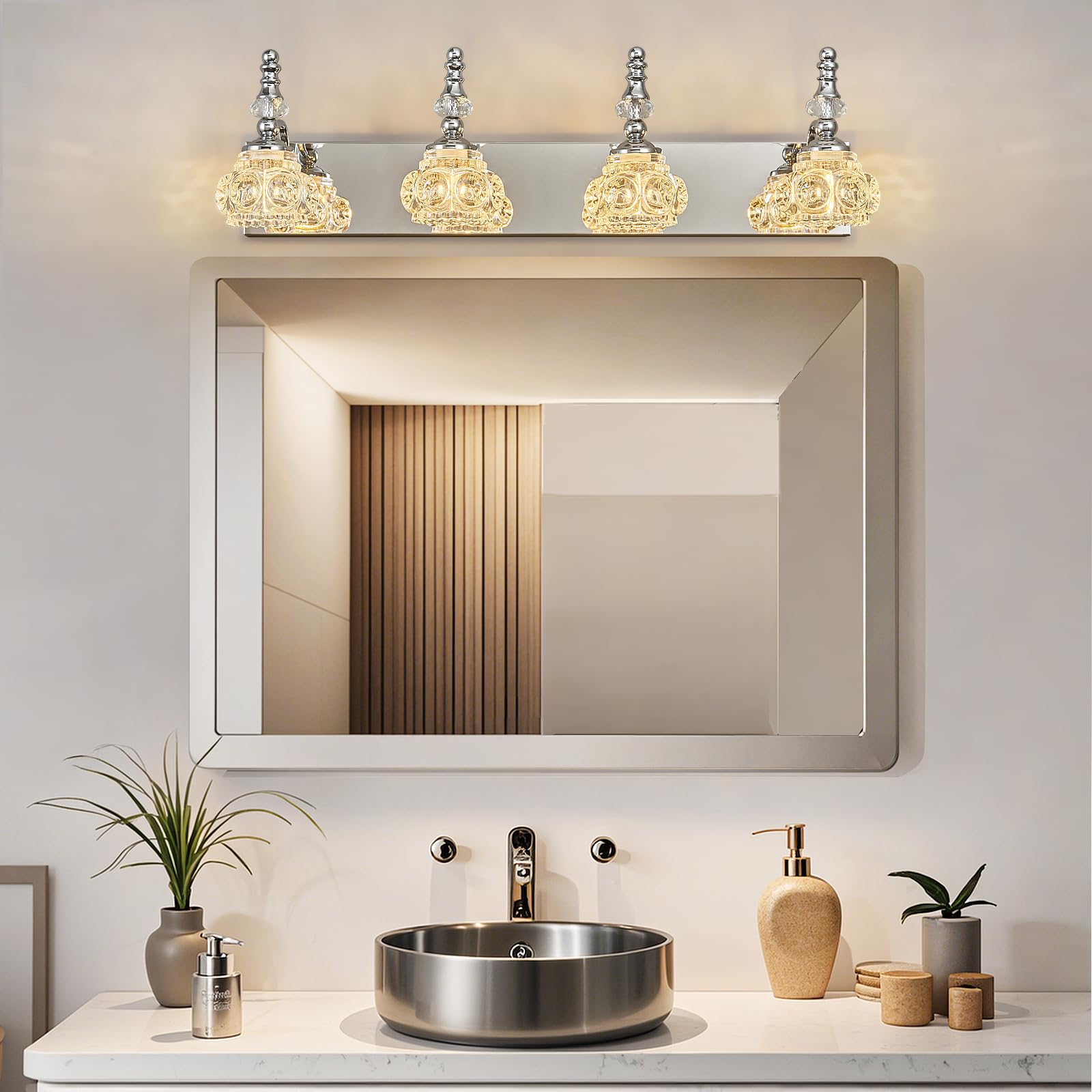 Lbsqj 4-Light Vintage Bathroom Vanity Light Fixture Industrial Chrome With Glass Shade Vanity Light Fixtures Over Mirror Glass Bathroom Vanity Lighting Fixtures G9 Bulb Wall Lights