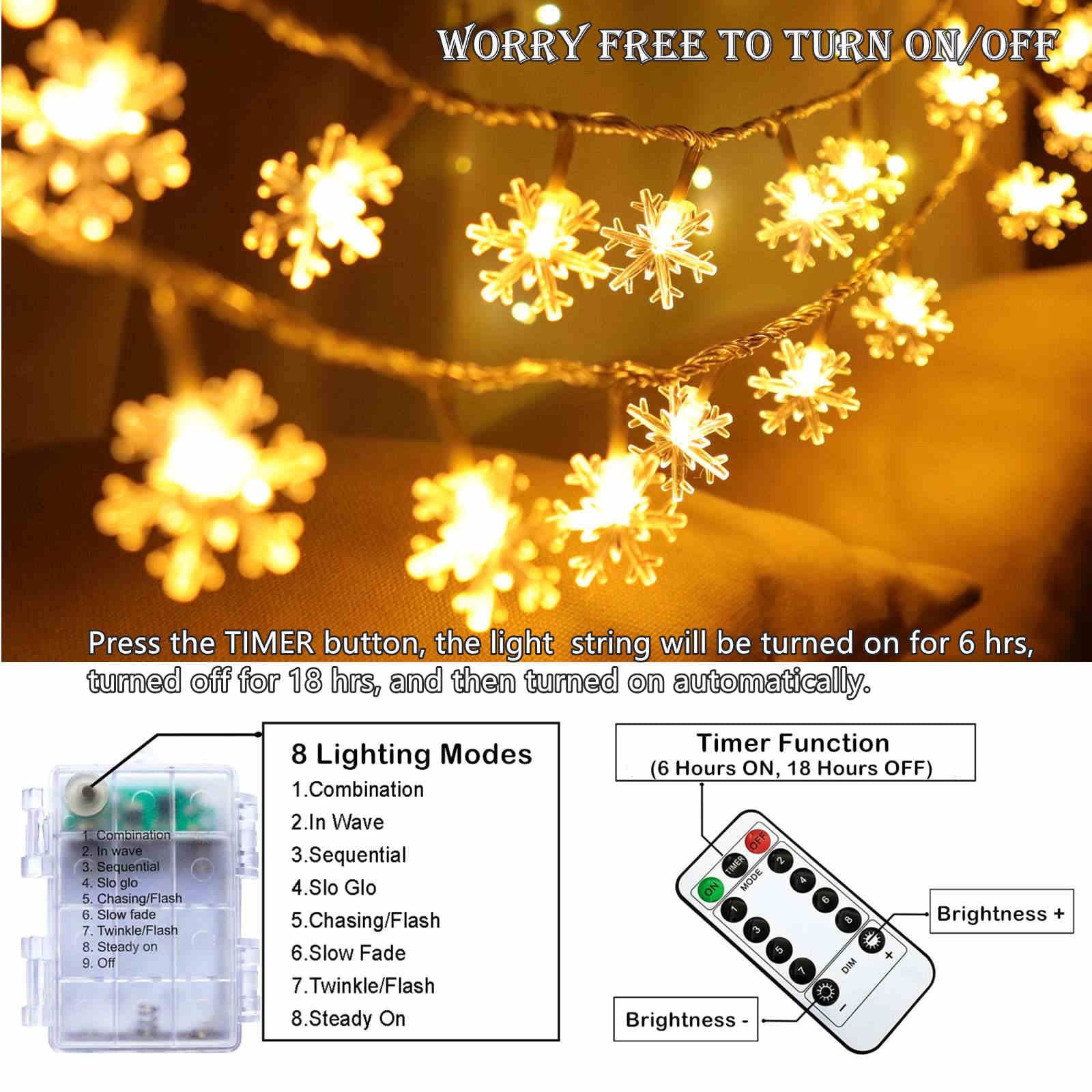 Christmas Snowflake String Lights, 20 Ft 40 Led Warm White Battery Operated Fairy Lights With Remote Timer - Bedroom Room Indoor Xmas Tree Decorations