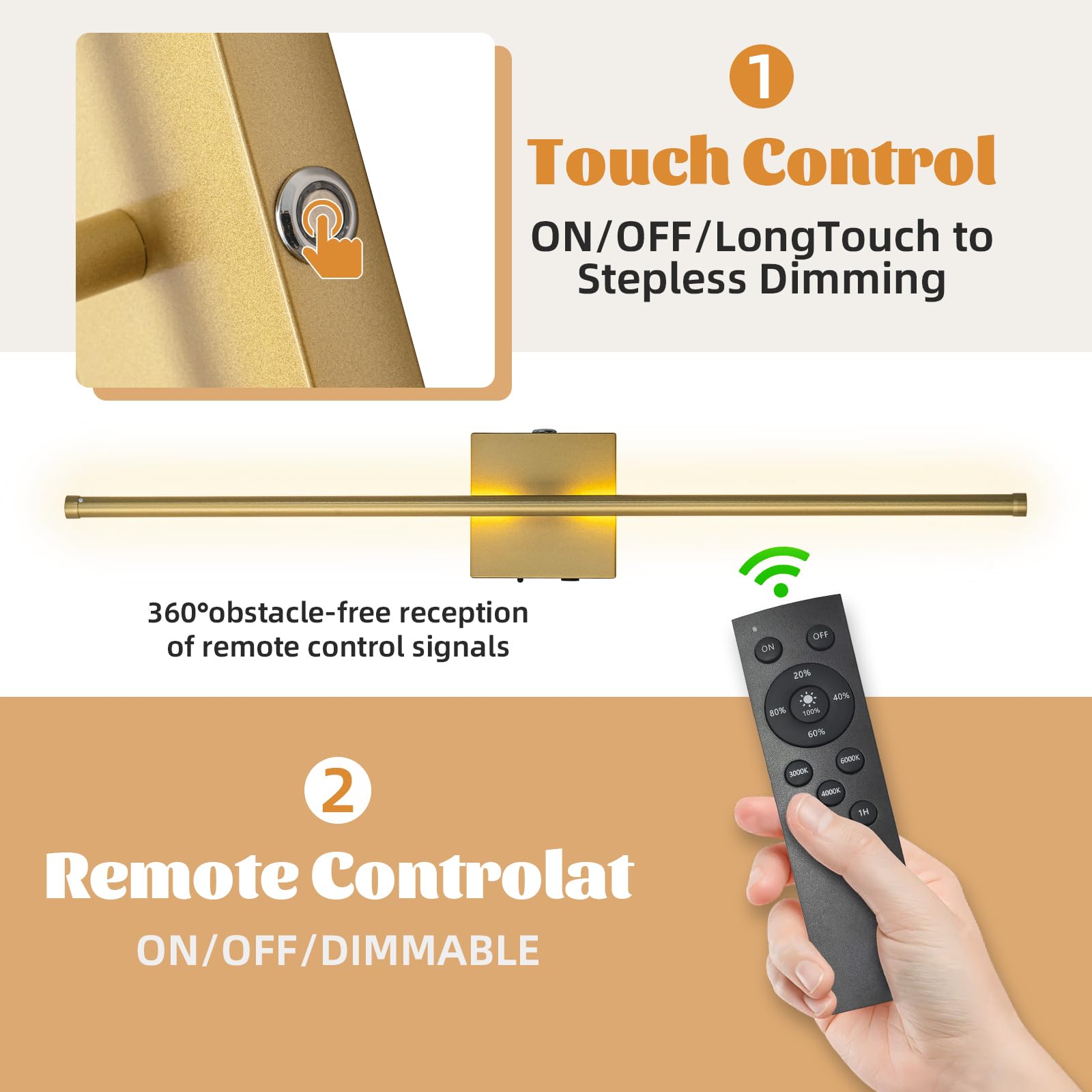 usiopup Battery Operated Wall Sconces Set of Two, 28.3-Inch Gold Metal Fixtures with Remote Control for Bathroom, Bedroom, Living Room