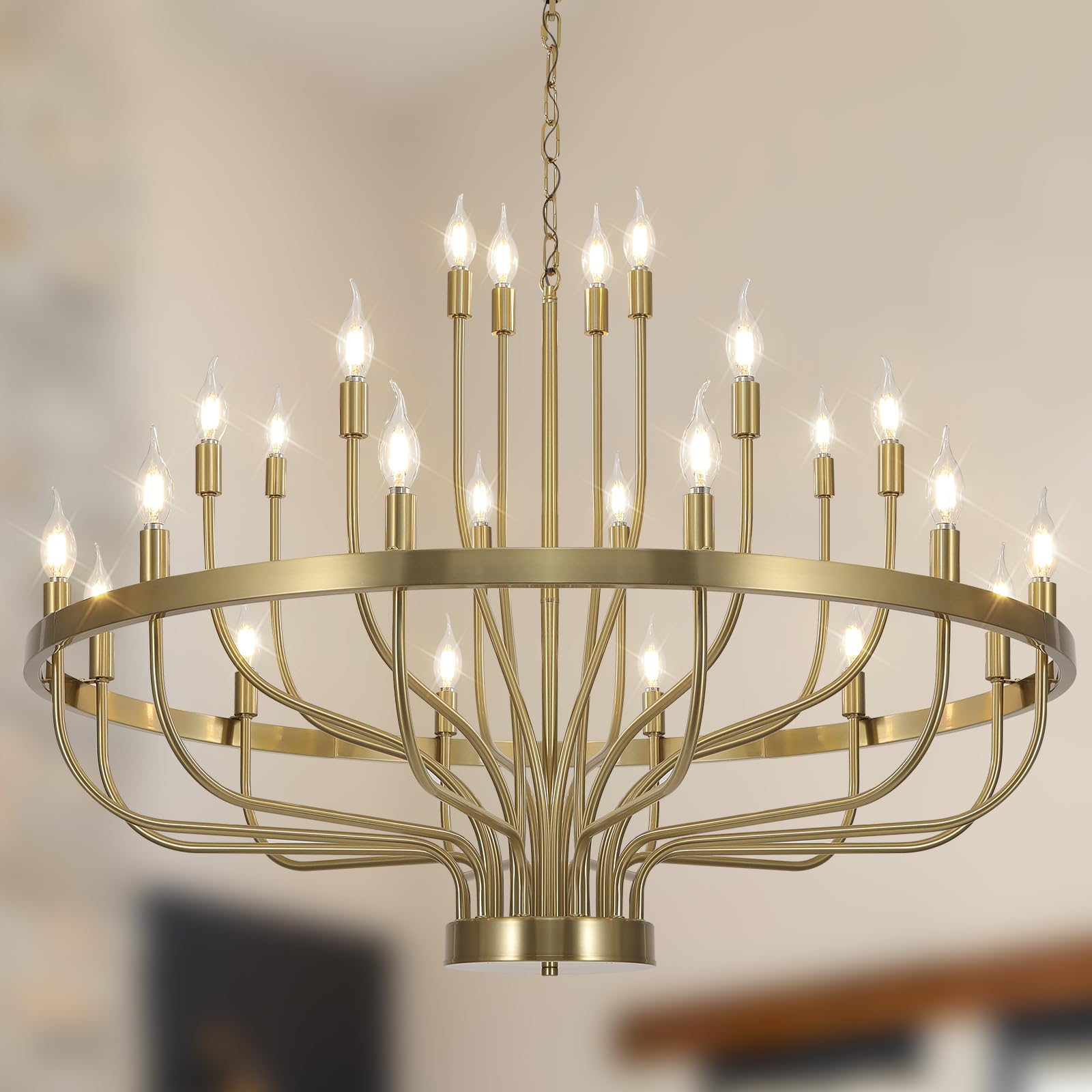 Gold Chandelier 24 Light Large Chandelier for High Ceilings, Farmhouse Wagon Wheel 39in 3-Tier for Dining Room, Hallway, Living 