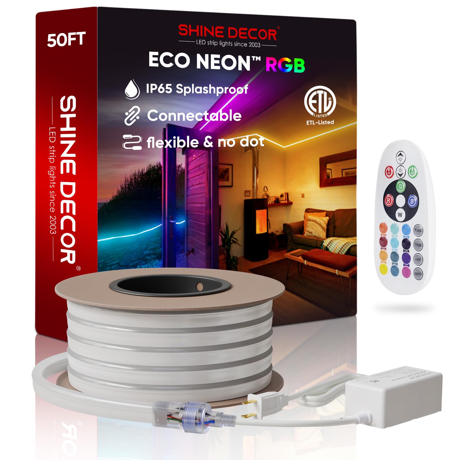 Shine Decor LED RGB Neon Rope Lights AC 120V, Expandable & Cuttable Bright Strip Lighting with Remote, Dimmable Color Changing, ETL Cold-Resistant & IP65 Waterproof for in&Outdoor, 10x20mm, 50FT