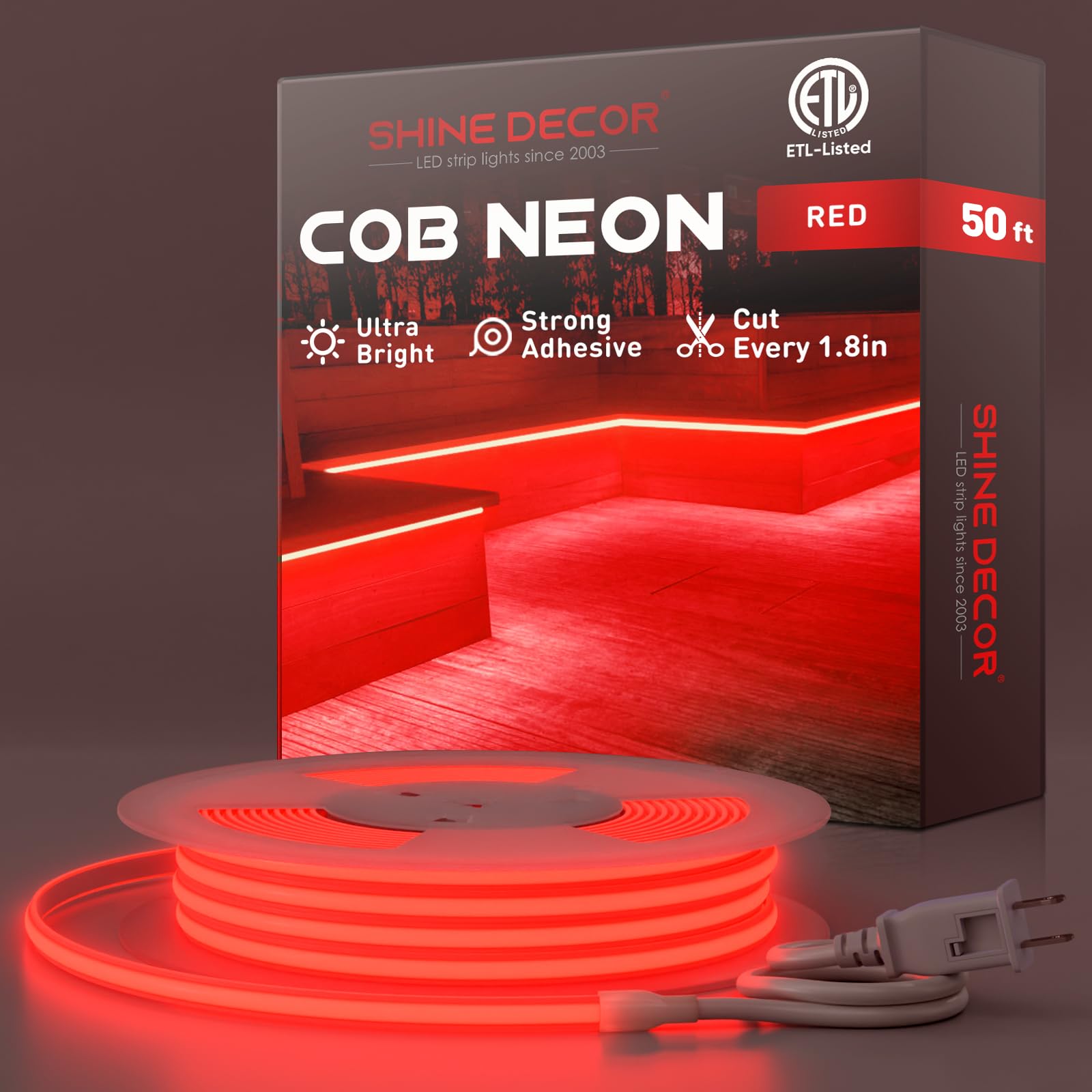 Shine Decor Cob Led Rope Light Ac 120V  800Lm Ultra Bright  Ip65 Waterproof Cold-Resistant Etl Neon Strip  No Driver Tape Lighting For Home Commercial 10X4.5Mm  Red  50Ft