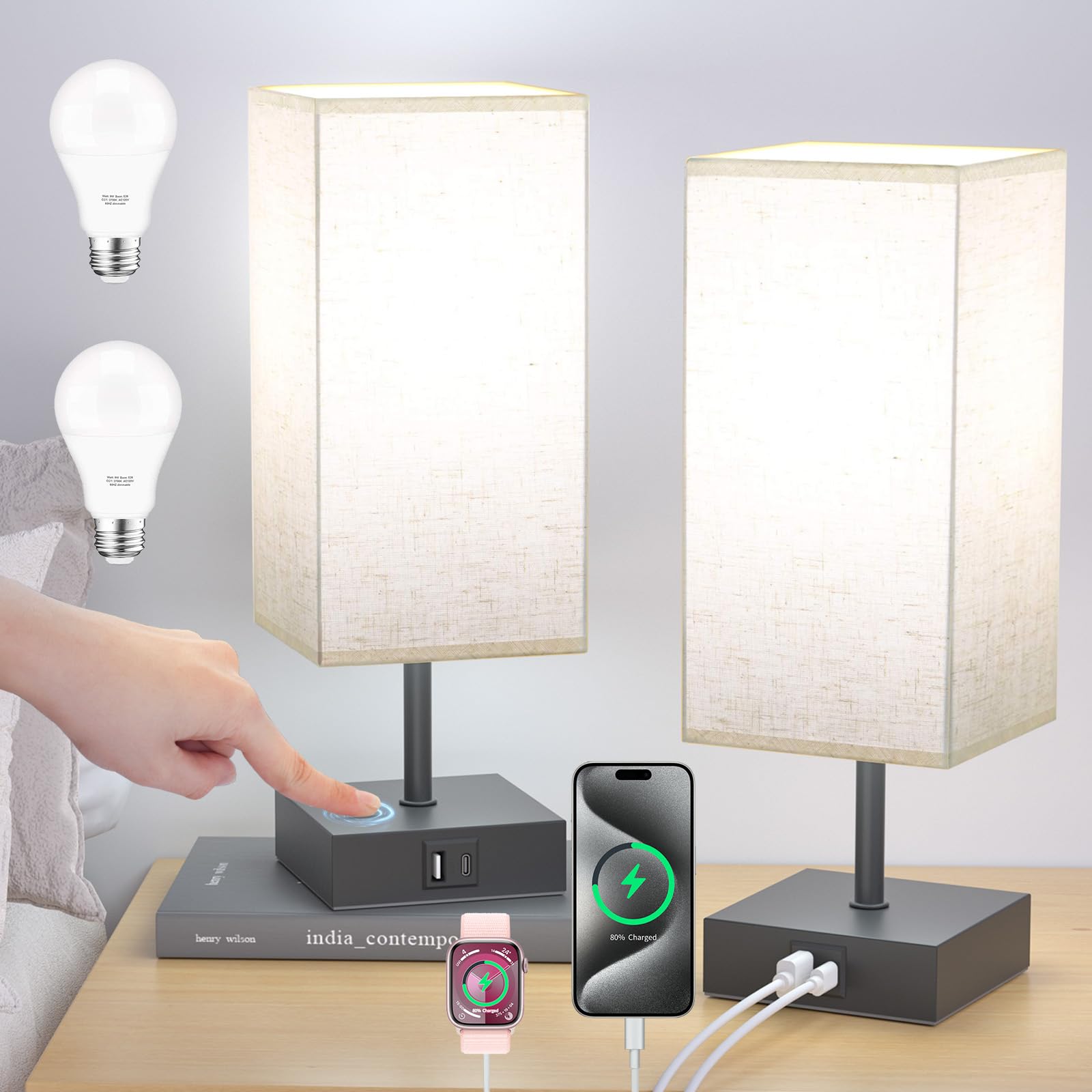 Hansang Table Lamps, Touch Lamp With Usb A Usb C Charging Port 3 Way Touch 5000K Led Bulb,Touch Lamps For Bedrooms, Reading Room