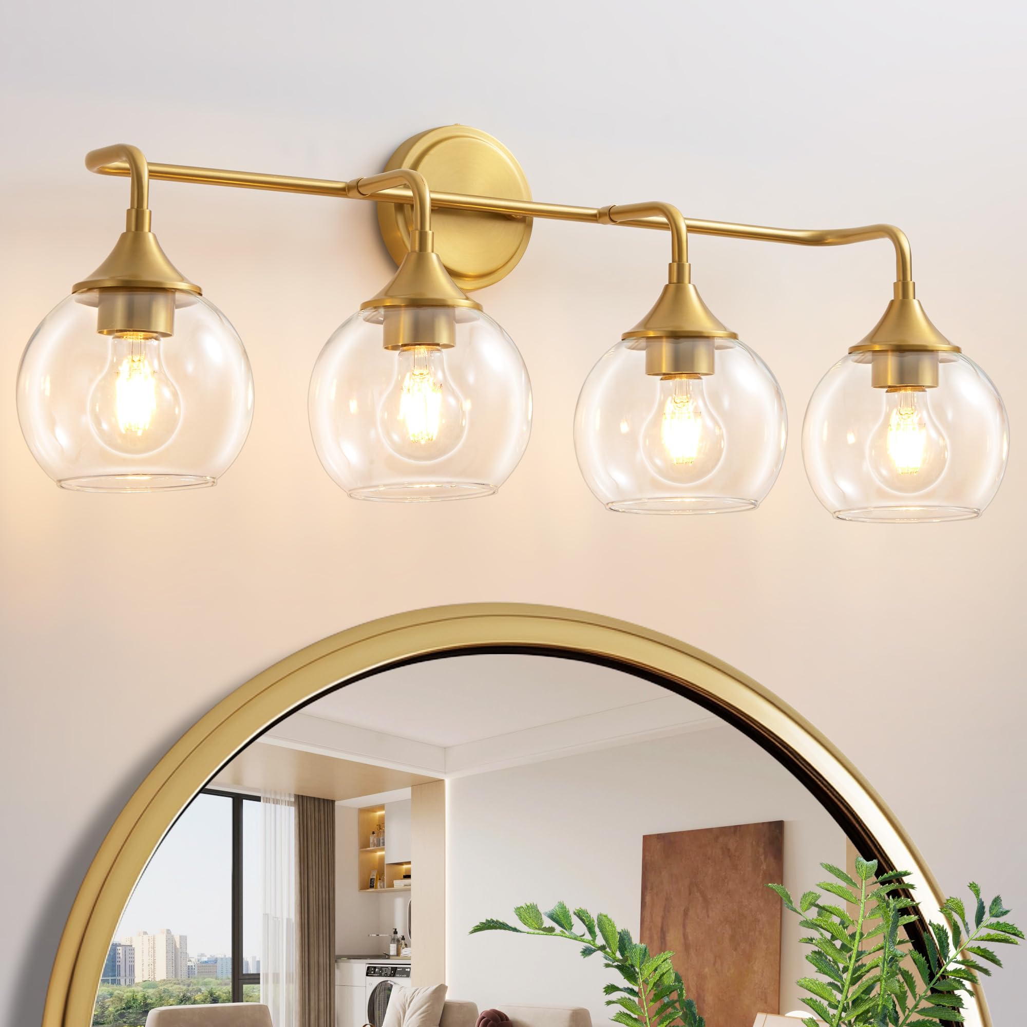 Gednbo Bathroom Vanity Light, 4-Light Gold Fixtures, Clear Glass Shade, 31 inch, Model G1796
