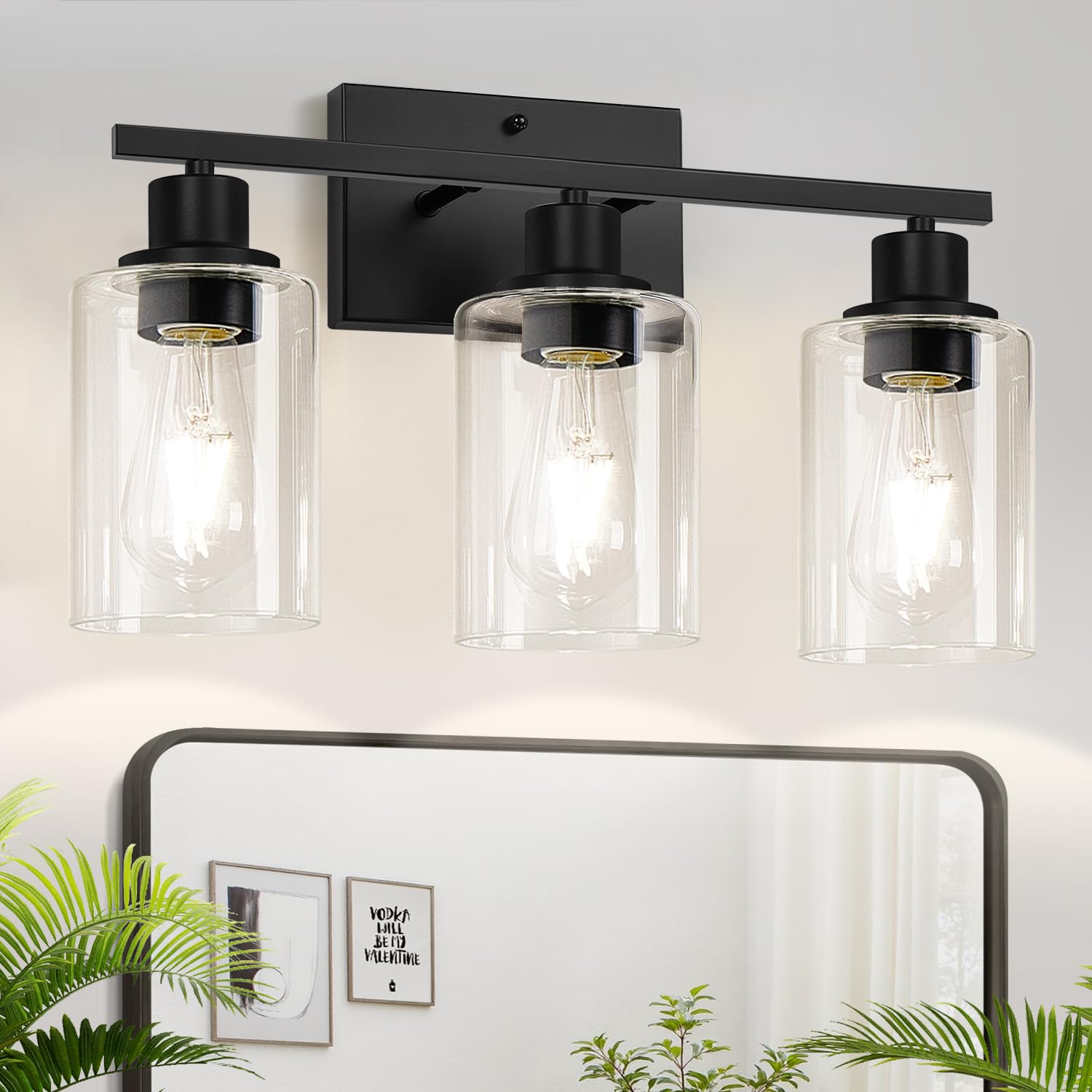 MOKATNG 3-Light Bathroom Light Fixtures  Vanity Light with Clear Glass Shades  Matte Black Bathroom Light Fixtures Over Mirror  Modern Bathroom Wall Lamp for Mirror Living Room Cabinet Bedroom