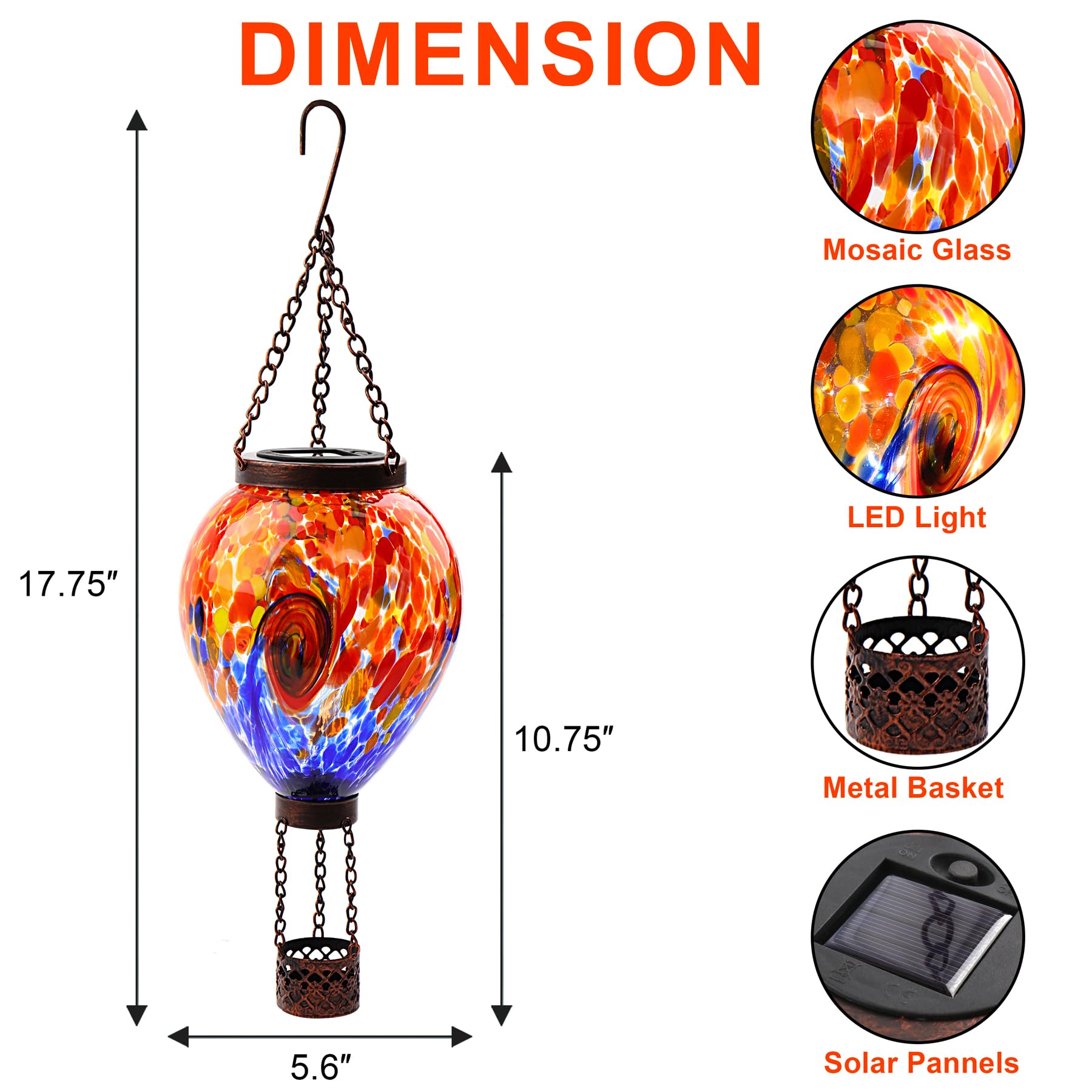 Voreen Solar Hot Air Balloon Light - Hand Blown Colorful Glass Outdoor Hanging Lantern  Waterproof Decorative Garden Lighting  Gift For Mom Wife Friend Backyard Patio Decor