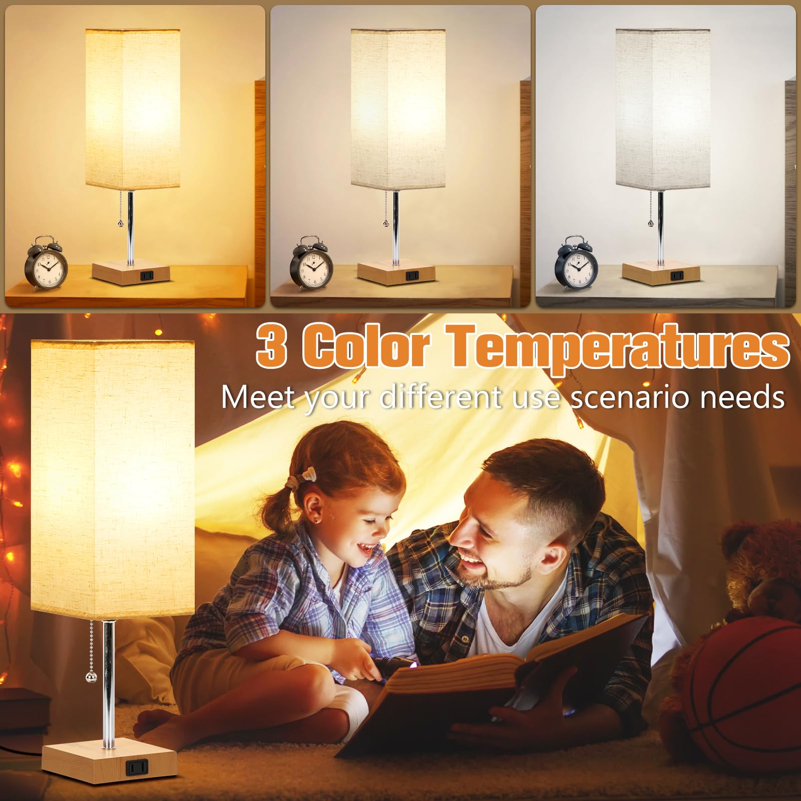 PLMMY Table Lamp Set of 2, 18 Inch Flaxen Shade-Wood Base, 3 Color Temperatures, Model RD-PTL6W-022