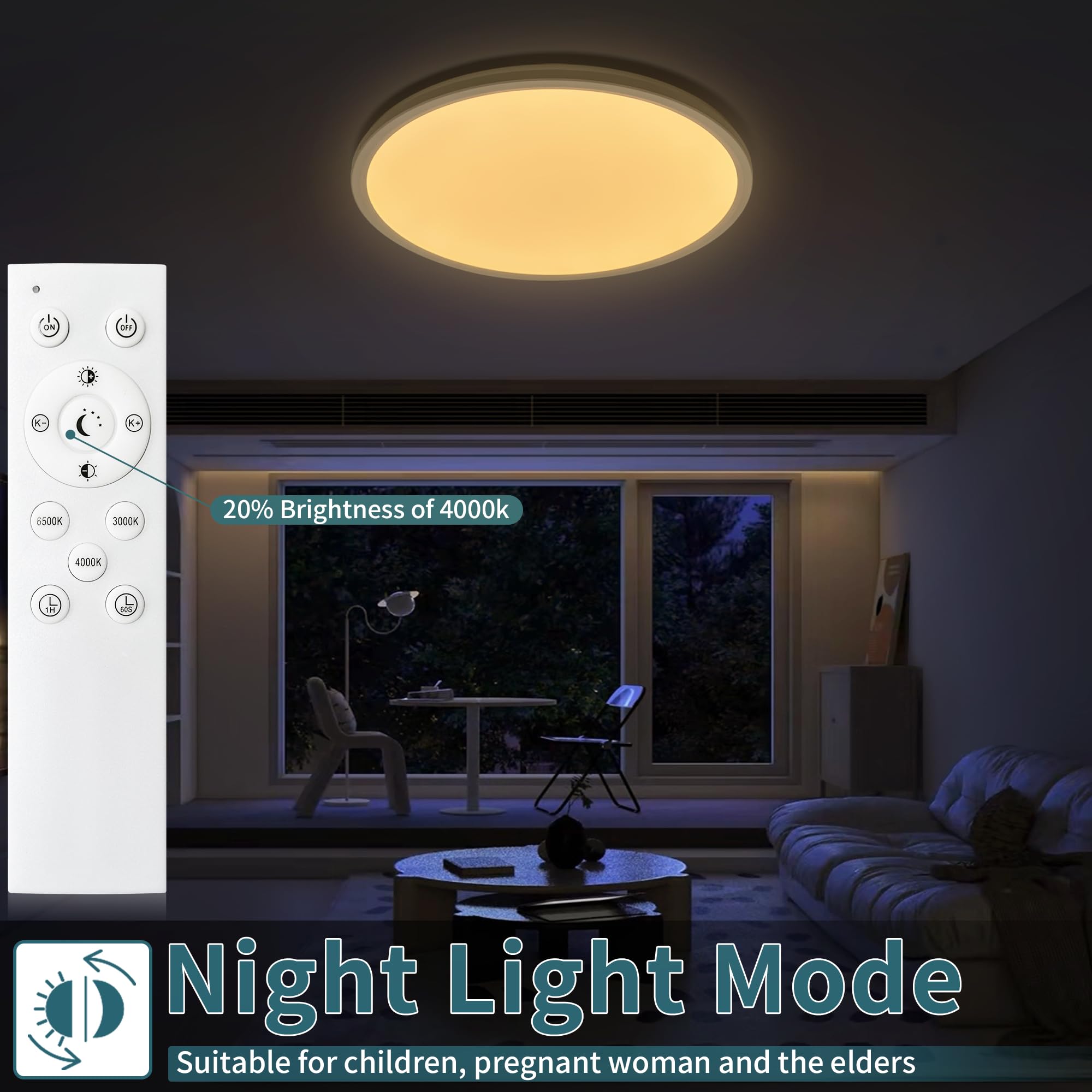 Glowall Dimmable LED Ceiling Light Fixture with Remote Control, 15.4 Inch, Ultra Thin, 36W, 4500 LM, White, for Bedroom and Kitchen