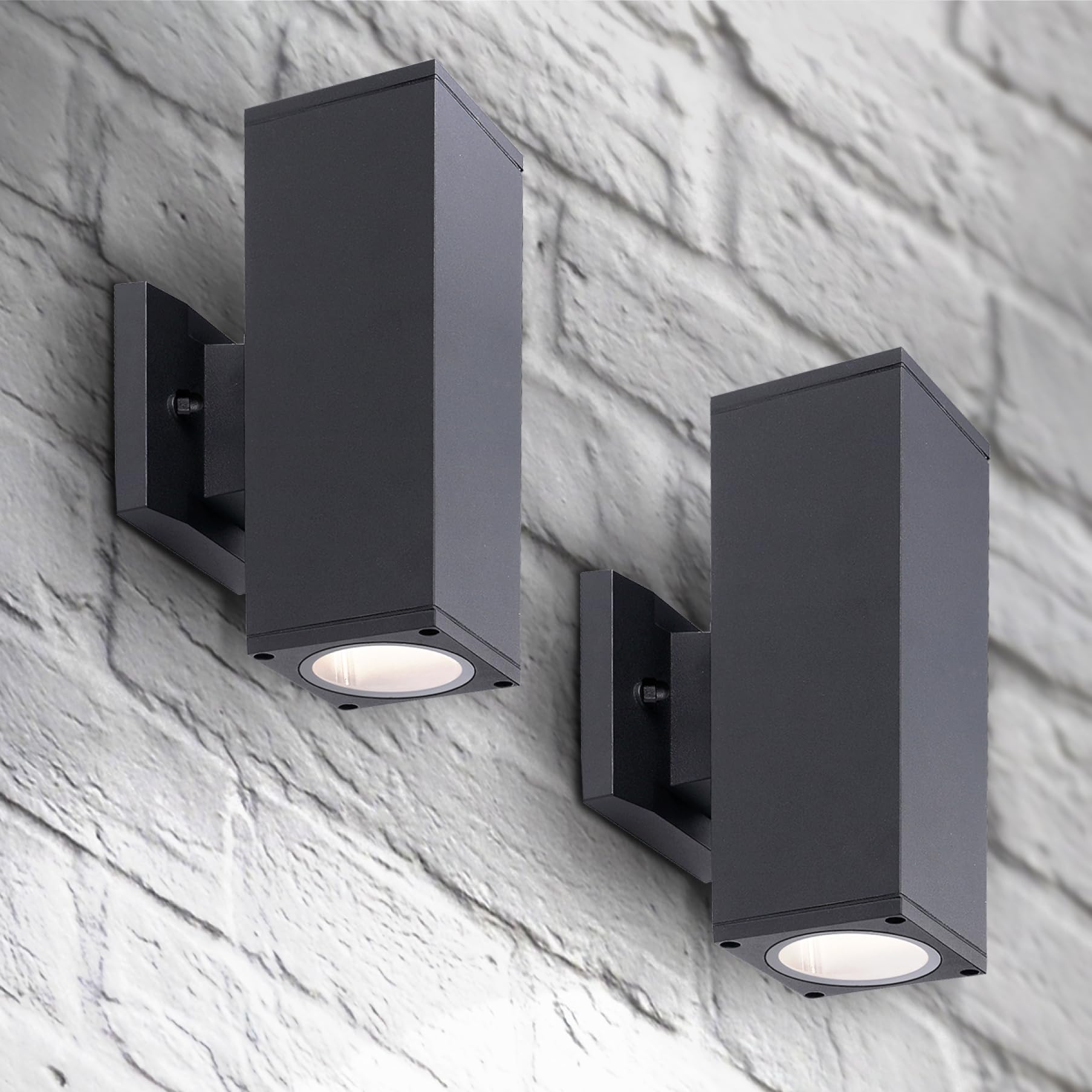 ASD 2 Light Square Outdoor Wall Light Fixture | 120W E26 Bulb Socket 120V ETL Cylinder Up Down Lights | LED/CFL/Incandescent Exterior Bulb Wall Sconce | Front Door  Porch  Patio | Black  2 Pack