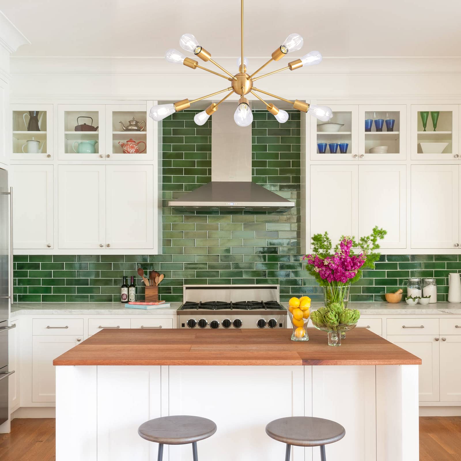 ALISADABOY Sputnik Chandelier 10 Light Brushed Brass Sputnik Light Fixture Modern Industrial Gold Chandelier for Dining Room Liv