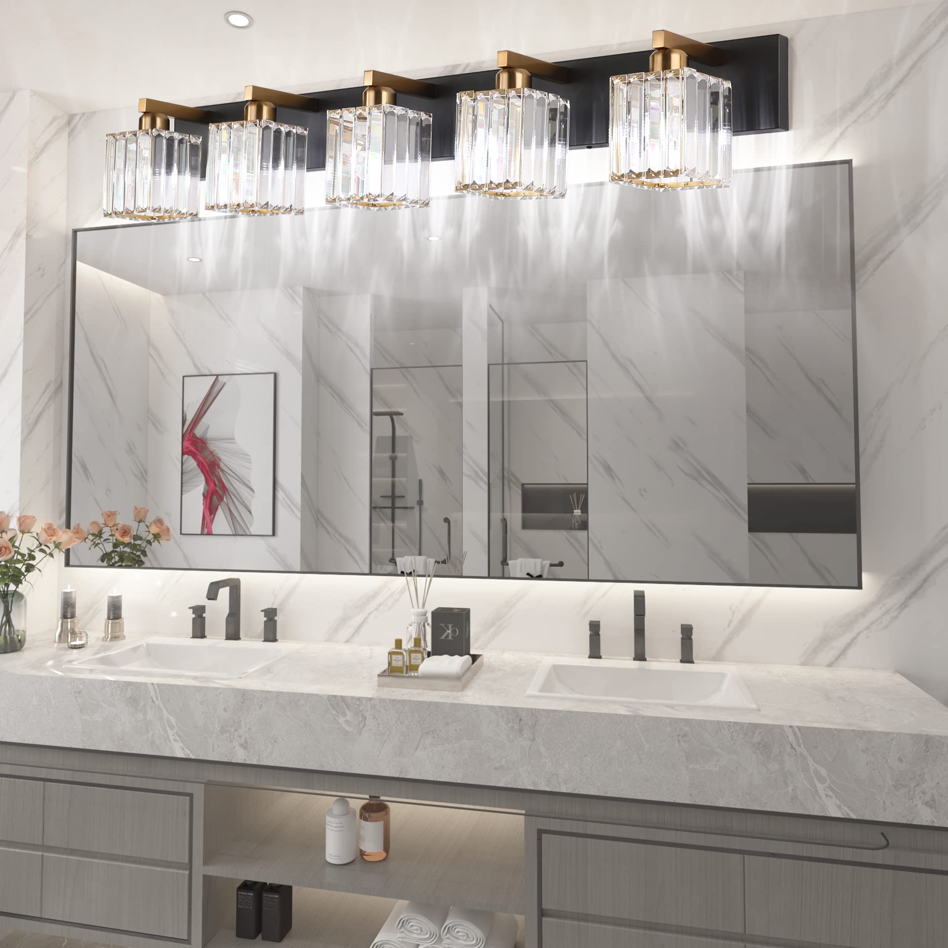 Aipsun 5-Light Modern Vanity Light Fixtures - Black Brass Aluminum, Model 8461, Crystal Shade