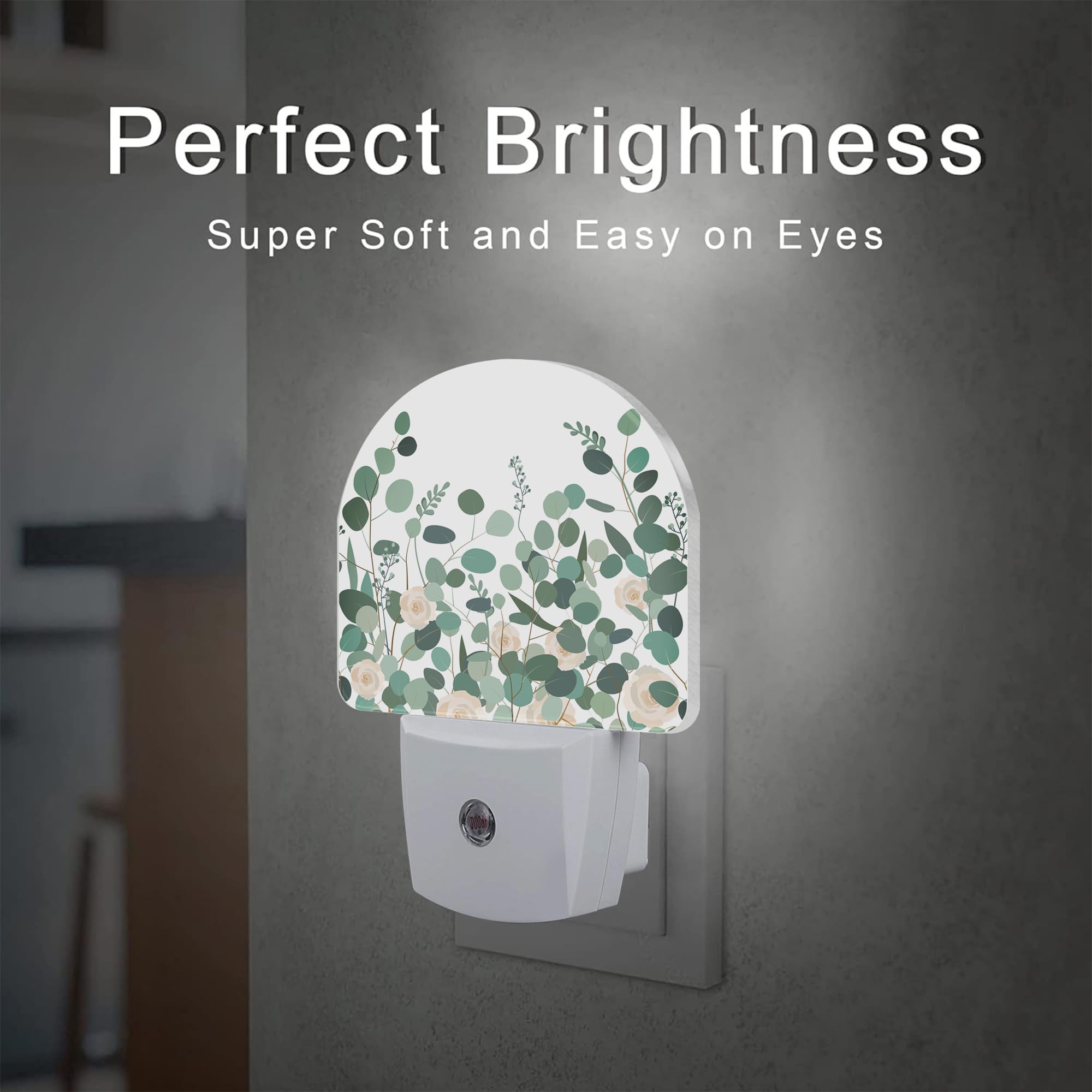 Green Eucalyptus And Rose Flowers Night Light For Kids,Watercolor Botanical Floral Leaves Night Light Plug In With Dusk To Dawn