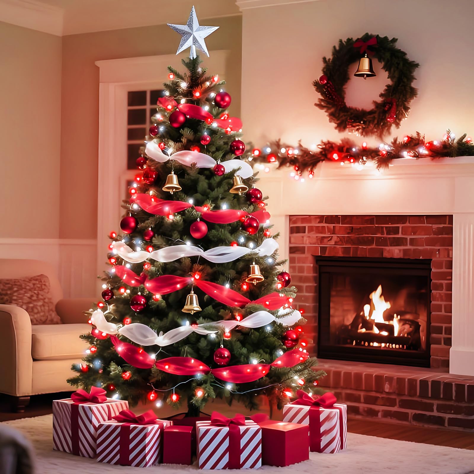 YIQU 200 LED Christmas Lights, Red & White, Timer & Memory Function, 75.8 FT, Waterproof, Extendable, 8 Modes