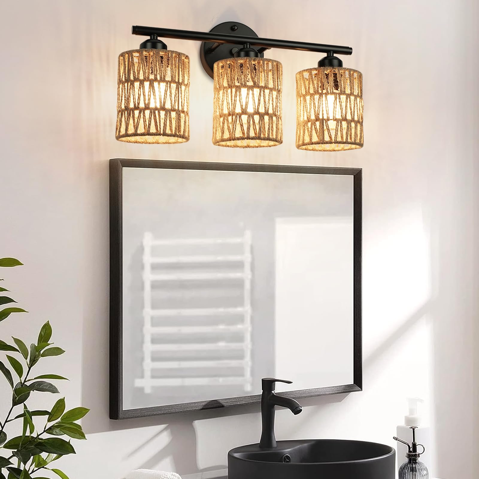 Frideko 3-Light Bathroom Vanity Light Fixtures, Modern Rattan Bathroom Lighting Fixtures Over Mirror, Boho Wall Sconces With Wov