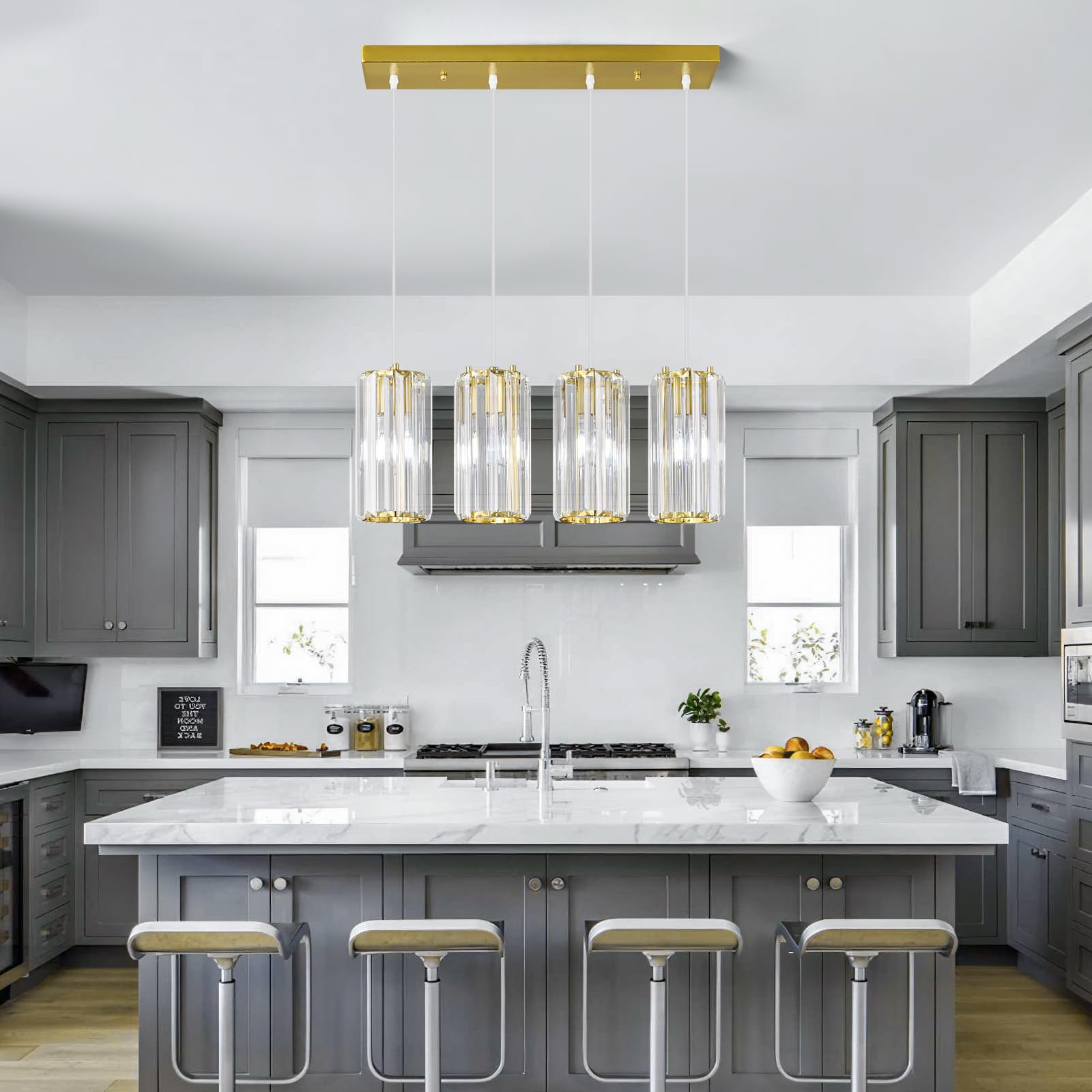 zhllmq Gold Pendant Light Fixture - Modern Mini Crystal Chandelier, Adjustable 4-Light for Kitchen Island, Dining Room, Bedroom