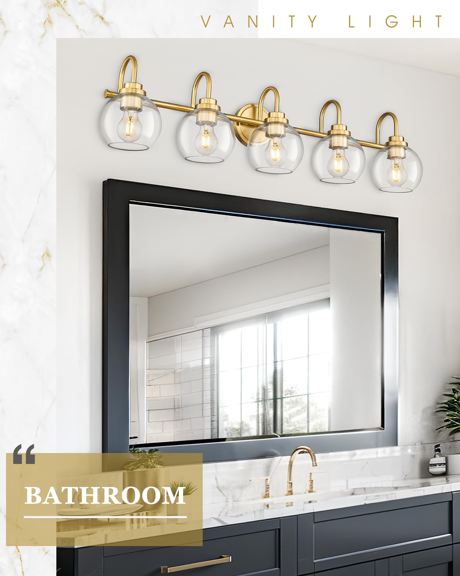 Audickic 5-Light Bathroom Vanity Light Fixtures, Brushed Gold with Clear Glass, 35 Inch, Model AD-22280-5W-GD