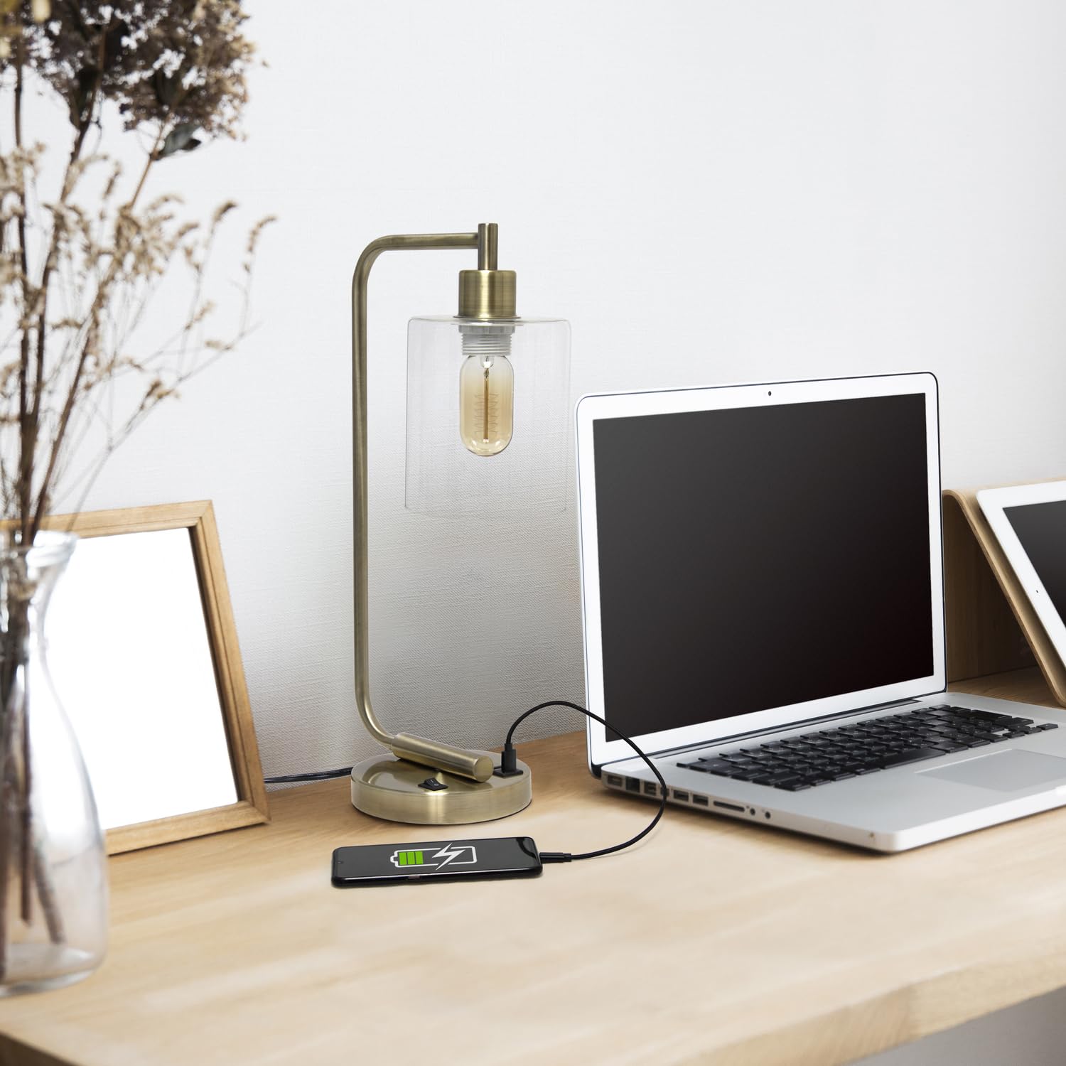 Simple Designs Bronson Industrial Iron Lantern Desk Lamp with USB Ports, Black, Model LD1066-BLK