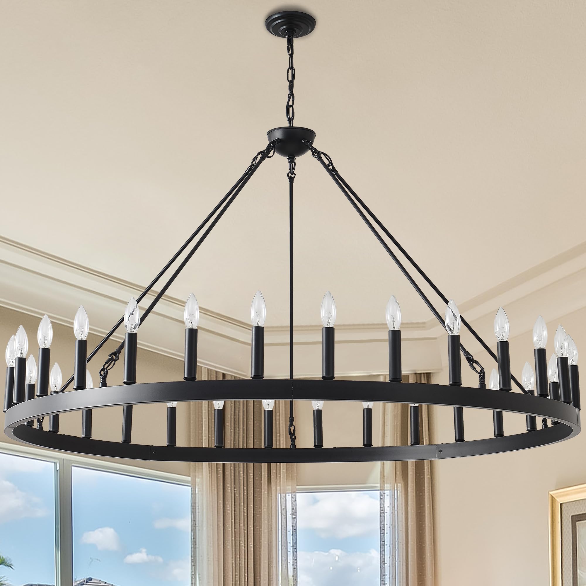 Jtyp 53&quot; Black Farmhouse Wagon Wheel Chandelier, 30-Light Rustic Pendant Lighting For High Ceilings