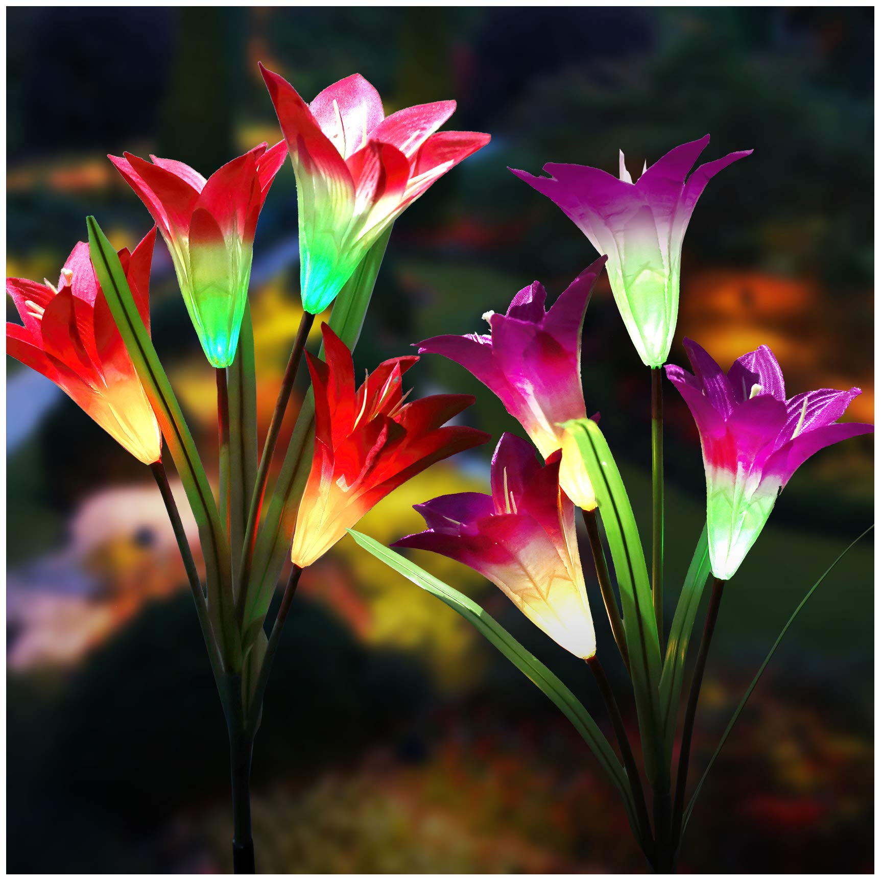 Tonulax Solar Garden Lights - Multi-Color Lily Outdoor Decor, 2 Pack, Fabric & Glass, Purple & Red