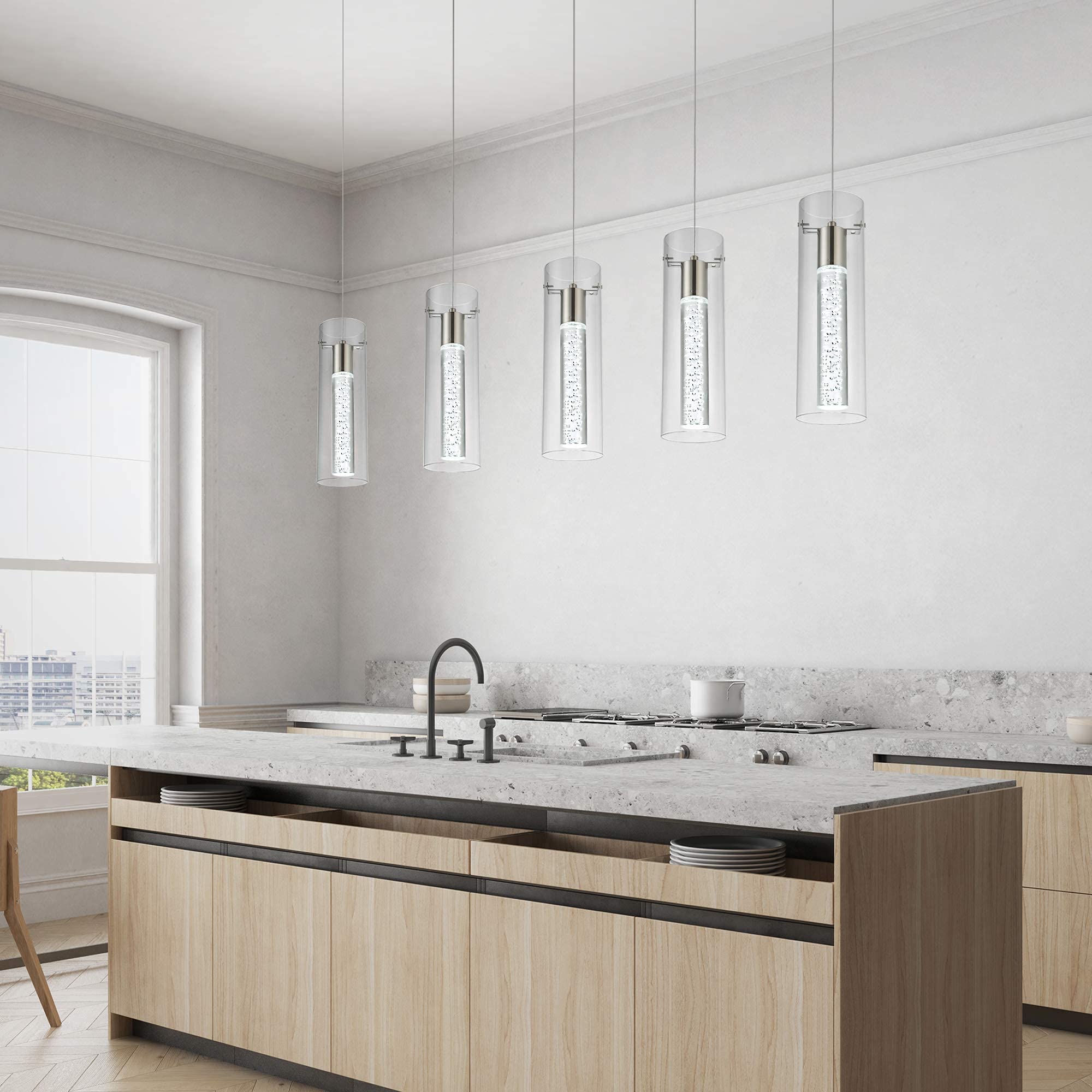 votag 5-Light LED Pendant Light Fixture Brushed Nickel Metal for Kitchen Island, Model PI-0172