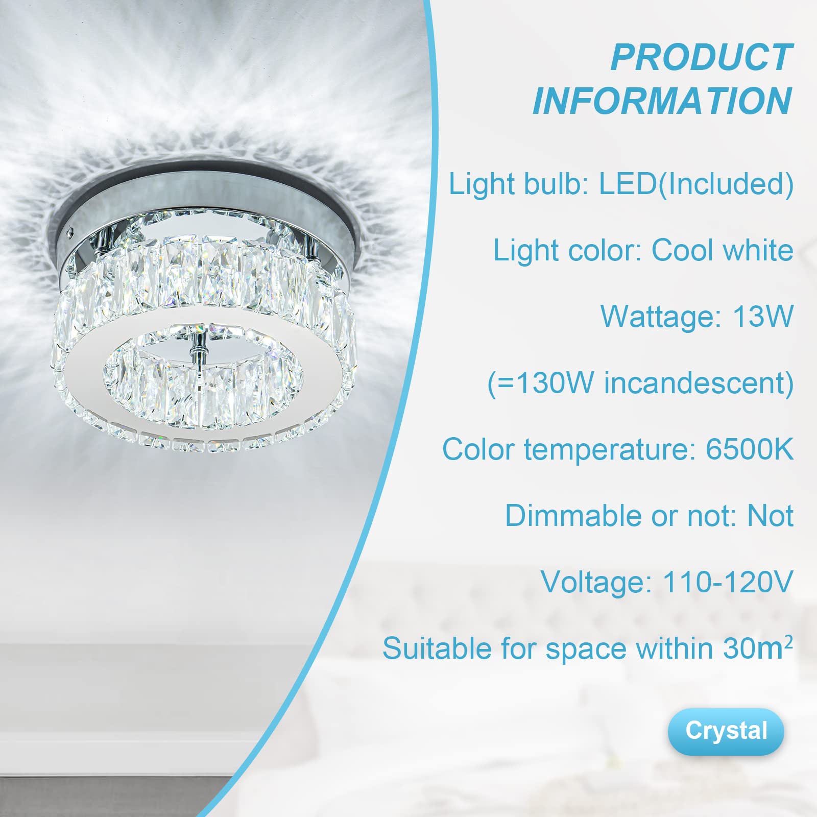 Homlaiting Mini Modern Crystal Chandelier, Led Flush Mount Lighting For Hallway, Bedroom, Kitchen