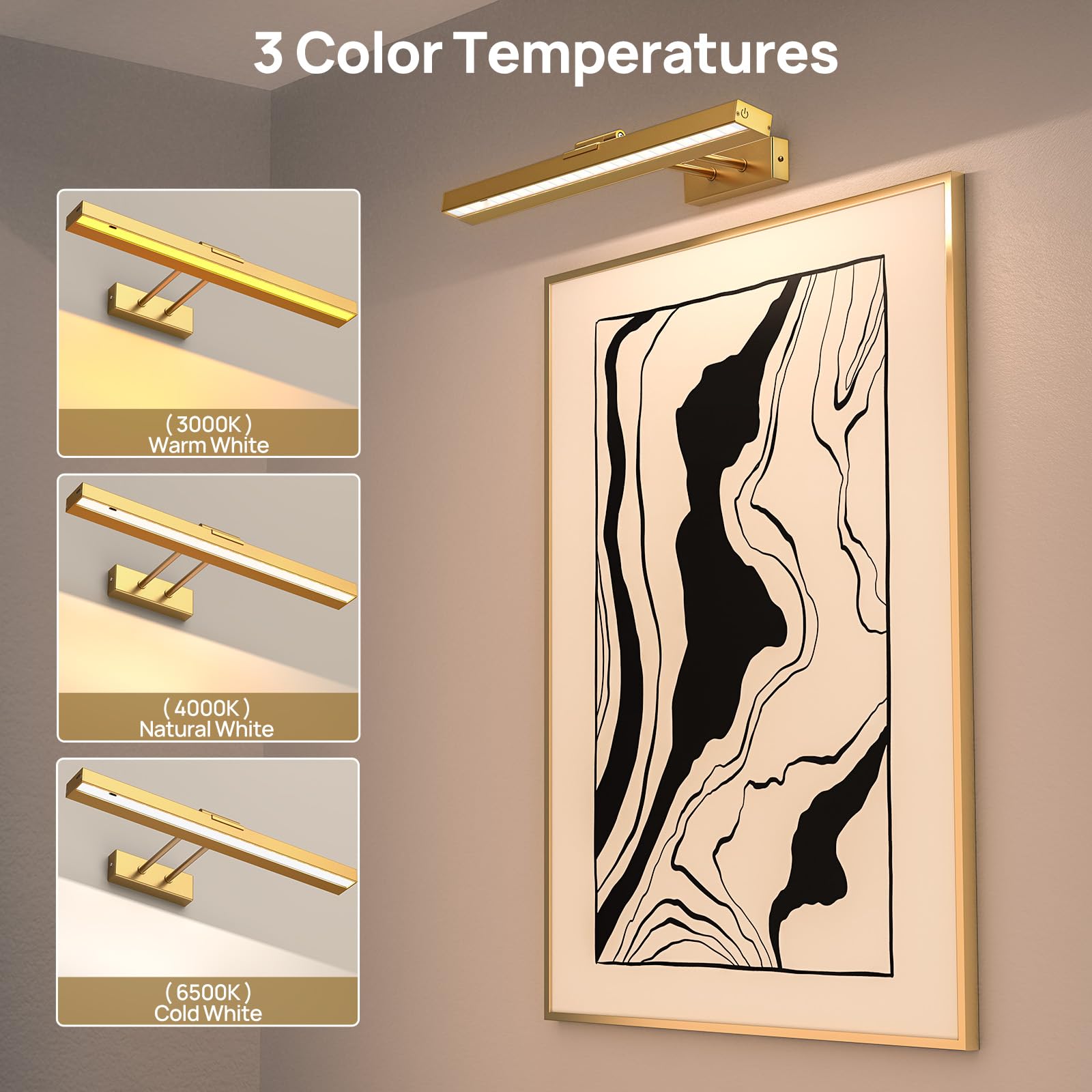 PESUTEN Picture Light, 16in Battery Operated, Dimmable with Remote, 2pcs Gold, Metal, Model PLHB1