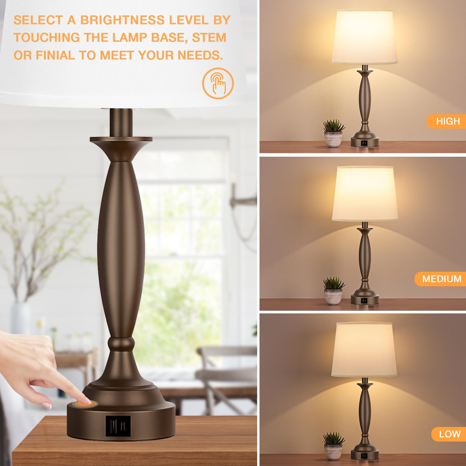 White Brown Lamps For Bedrooms Set Of 2 - Touch Control Bedside Lamp With Usb C+A, 3 Way Dimmable Nightstand Lamps With Usb Port