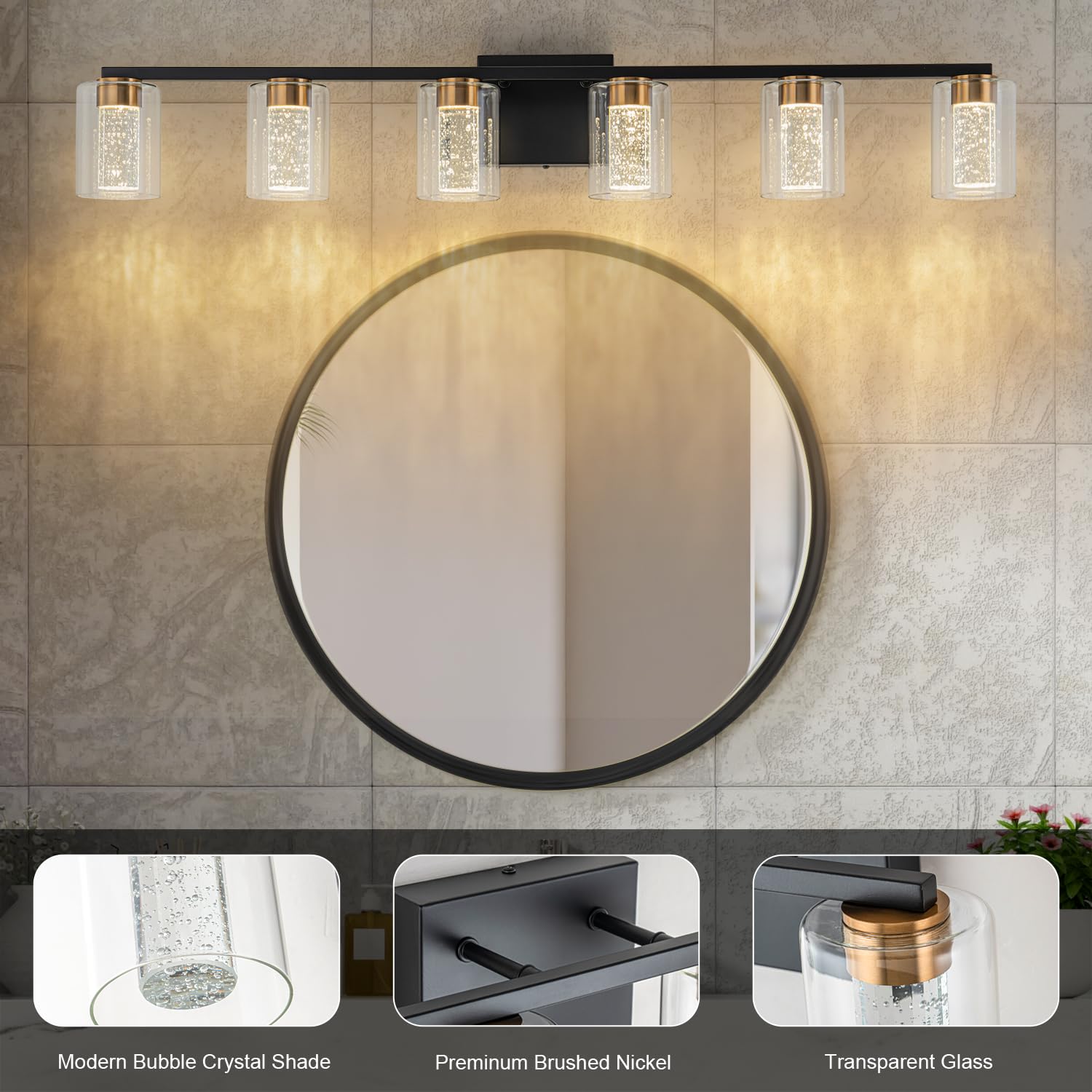 Sinerise 6-Light Black And Gold Vanity Light With 3 Color Modes (3000K/4000K/6000K), Eye Protection Led Bathroom Light Fixture,