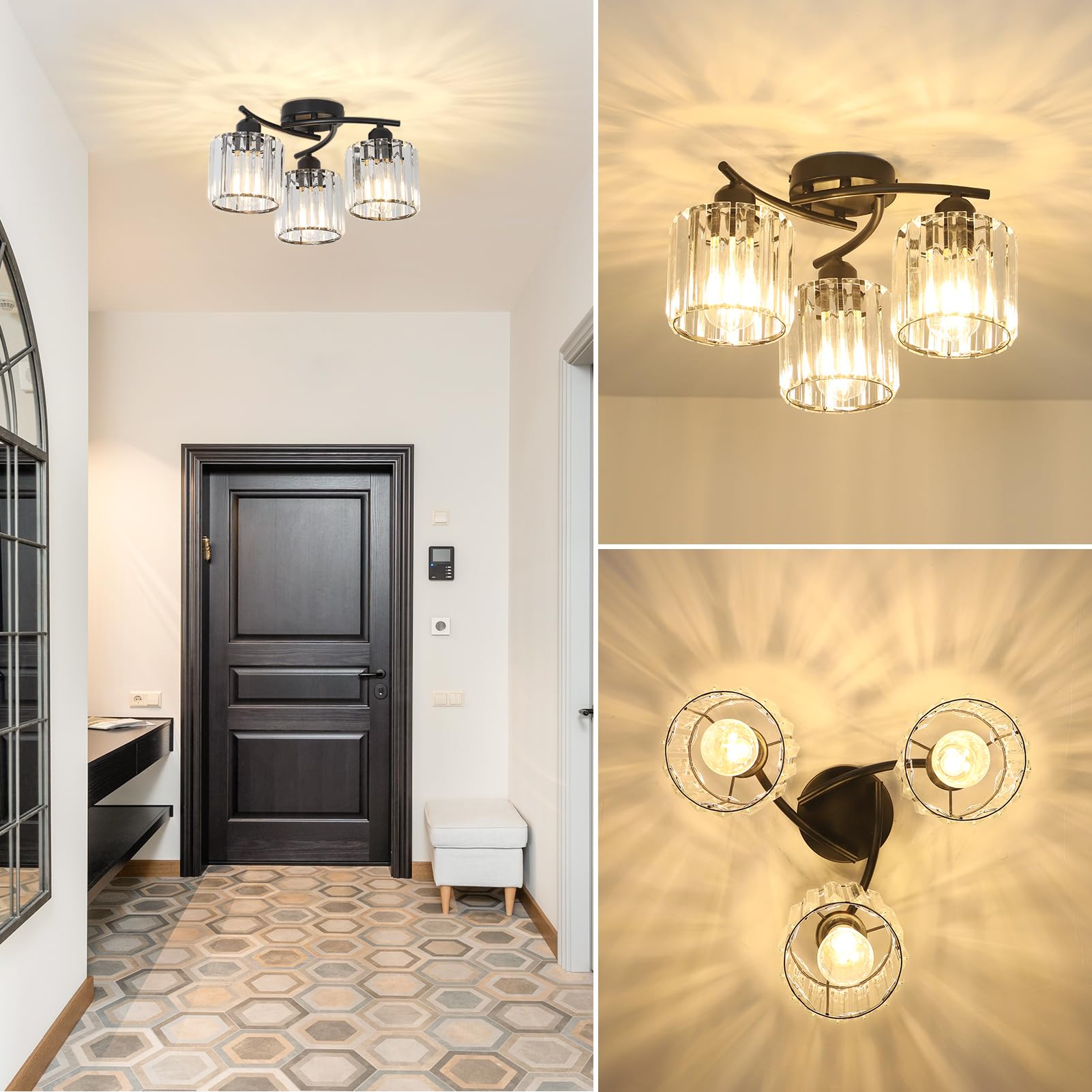 Crystal Semi Flush Mount Ceiling Light 3-Light Black Close To Ceiling Light Fixtures Kitchen Light Fixture With Clear Crystal Shades Hallway Light Fixtures For Kitchen Entryway Bedroom Bathroom