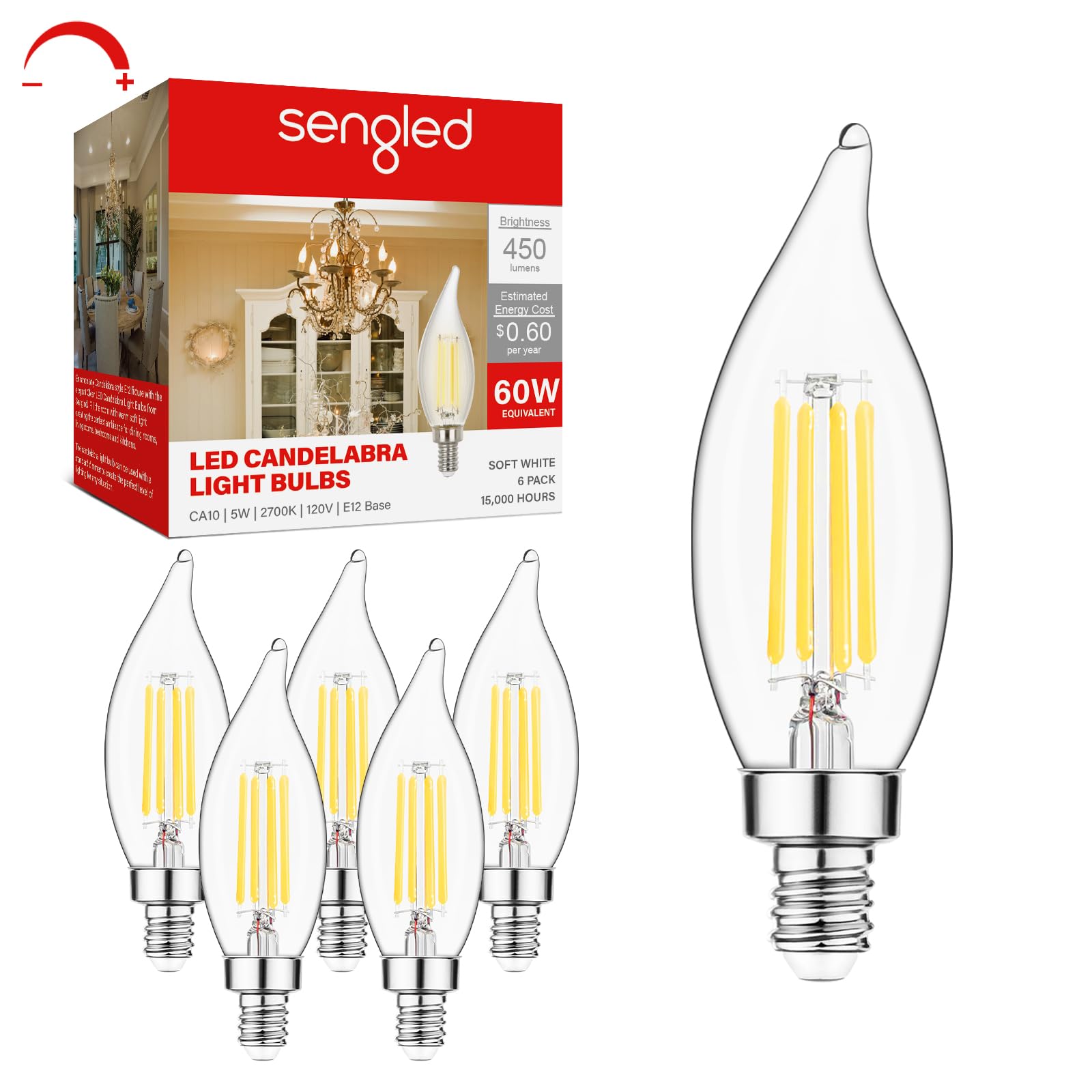 Sengled Candelabra Light Bulbs,Dimmable 2700K Soft White E12 Chandelier Bulbs,60 Watt Equivalent 450 Lumens Warm White Ca10 Fila