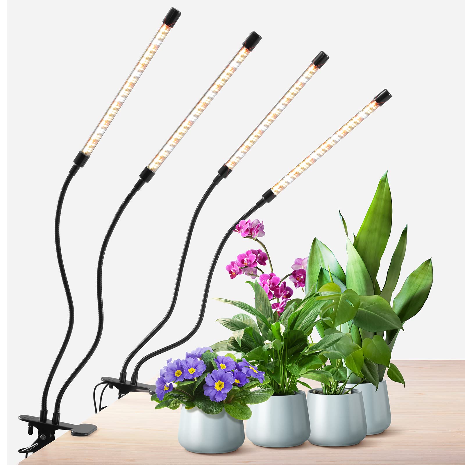 Growstar Plant Lights For Indoor Growing, Full Spectrum 4 Heads Clip Grow Lamps With 10 Feet Cables For Houseplants, Auto On Off