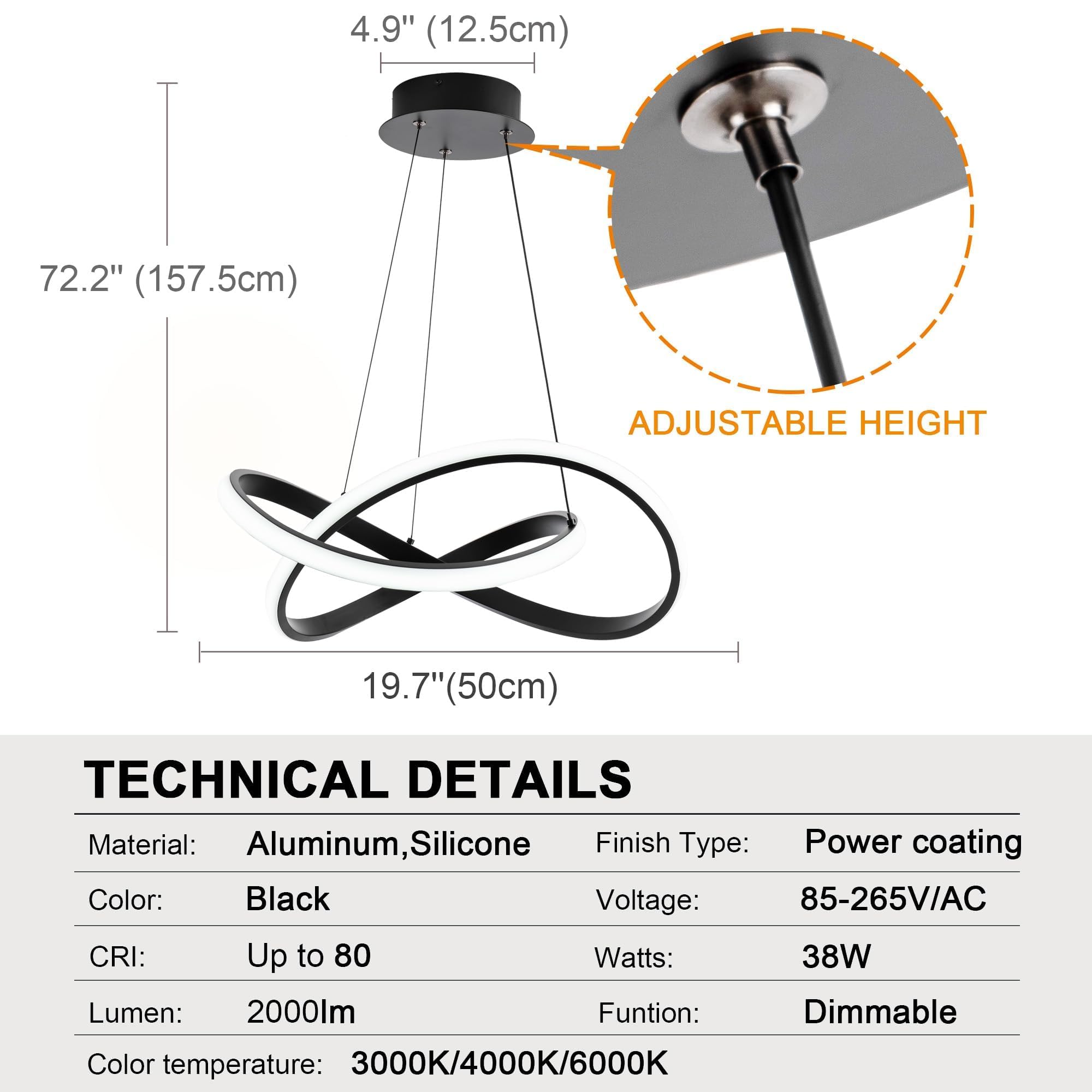 Mayna Modern Chandelier With Remote Control  Dimmable Led Pendant Light Fixtures With 3 Color Temperature  Height Adjustable Kitchen Island Lighting For Dining Room Kitchen Entryway  Black 19.7 Inch